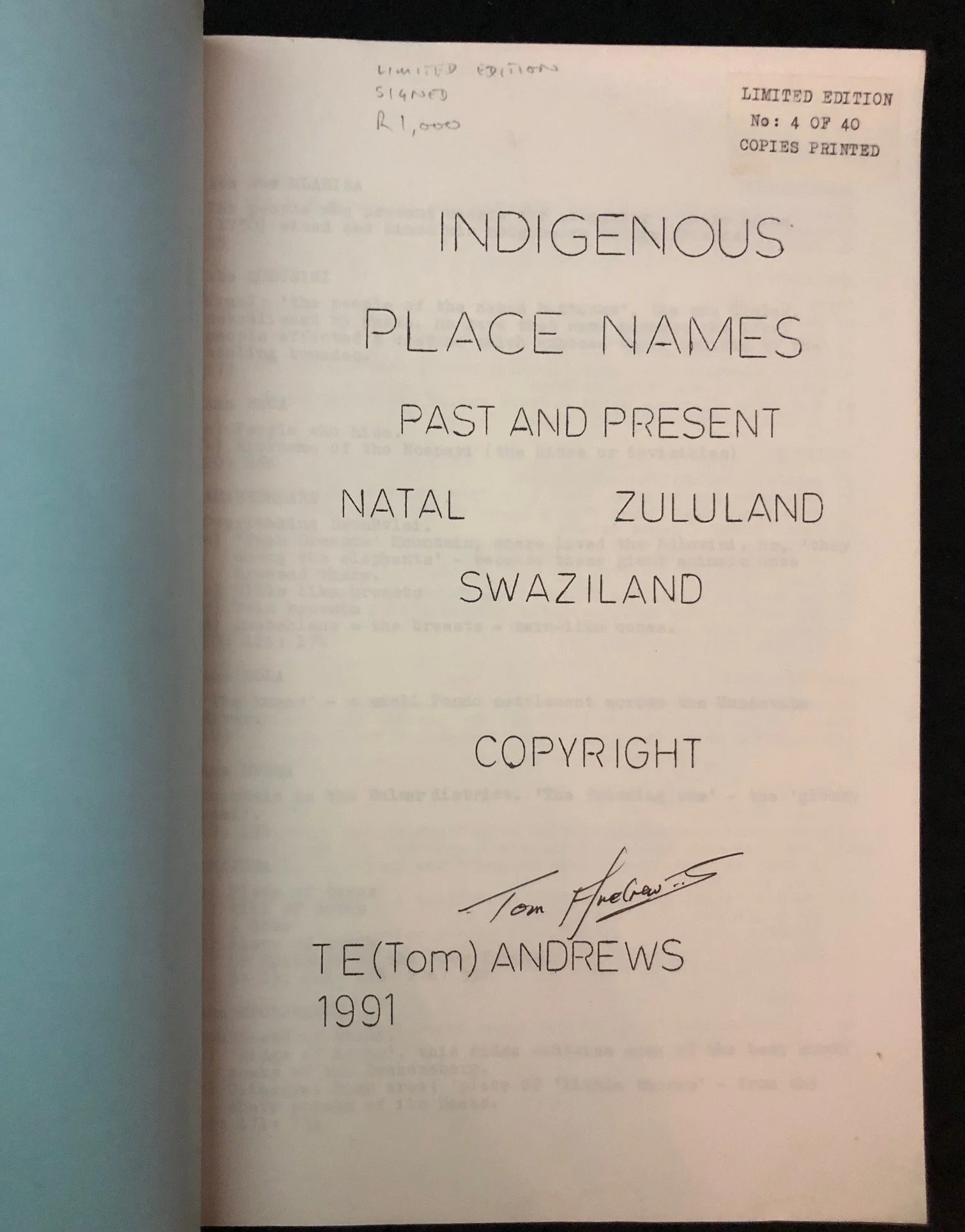 Indigenous Place Names: Natal, Zululand, Swaziland by T.E. (Tom) Andrews (1991)