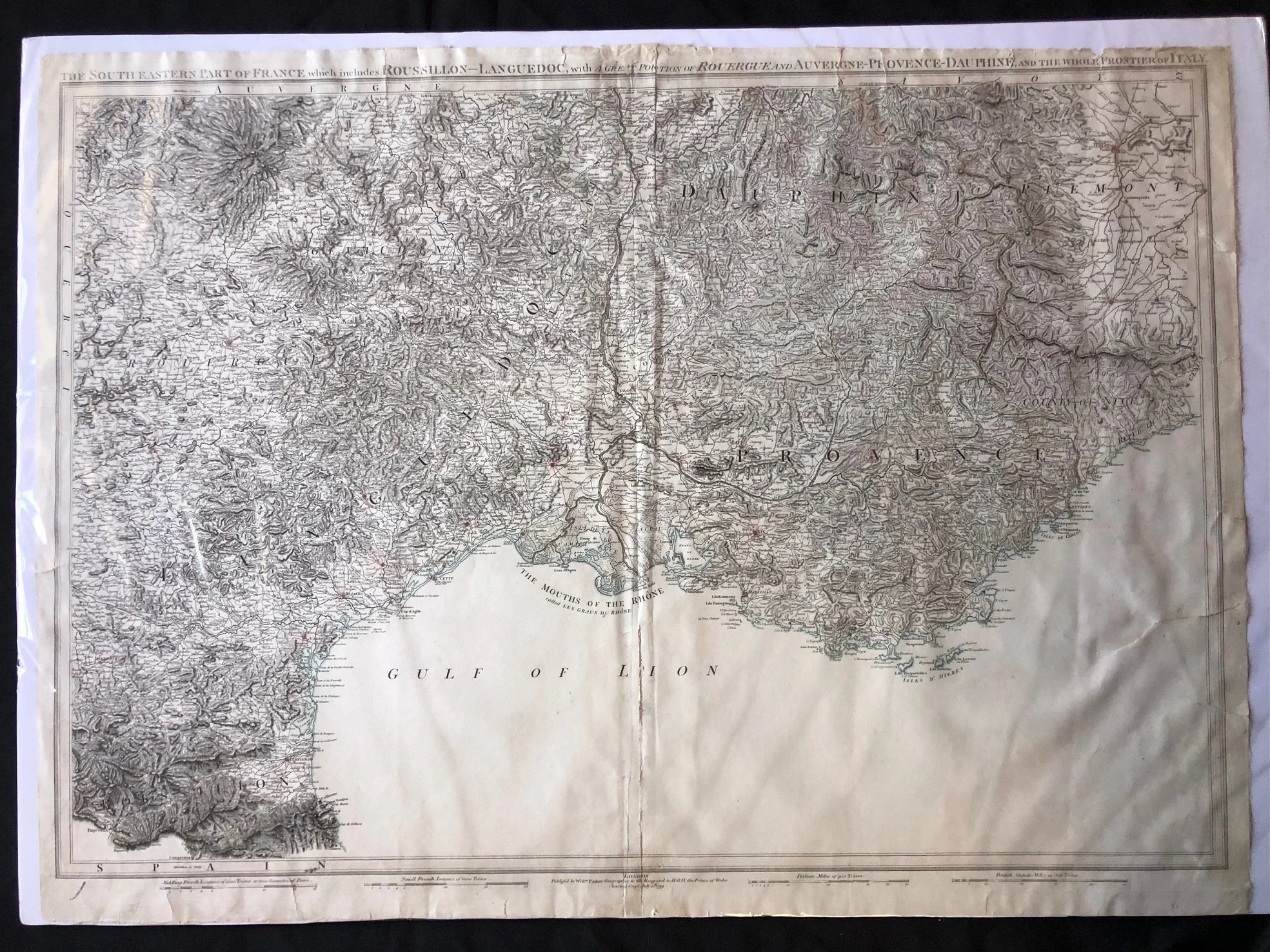 Original, antique map of "The South Eastern Part of France..." published in 1799