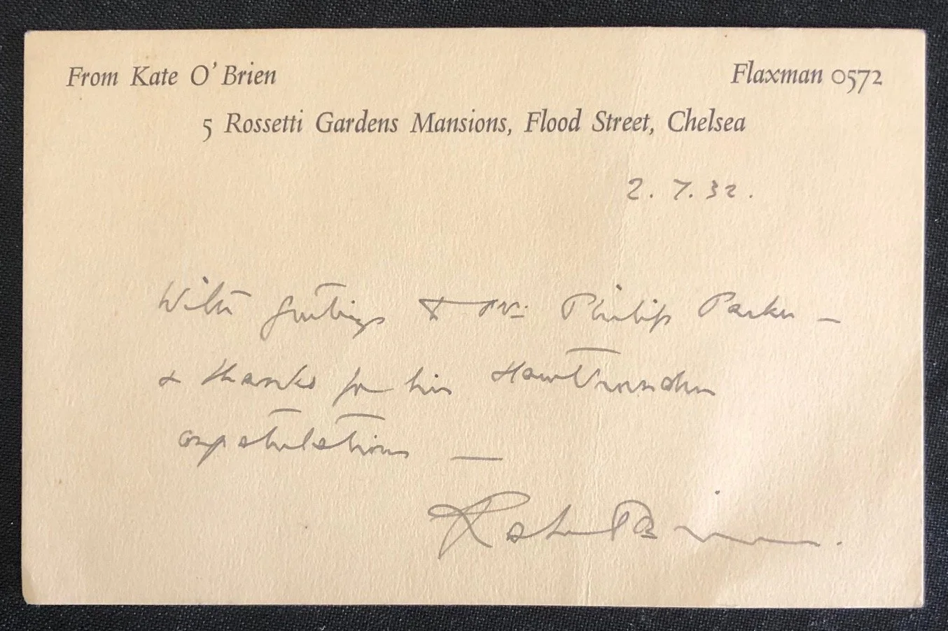 Manuscript card by acclaimed Irish novelist and playwright  Kate O'Brien (1932)