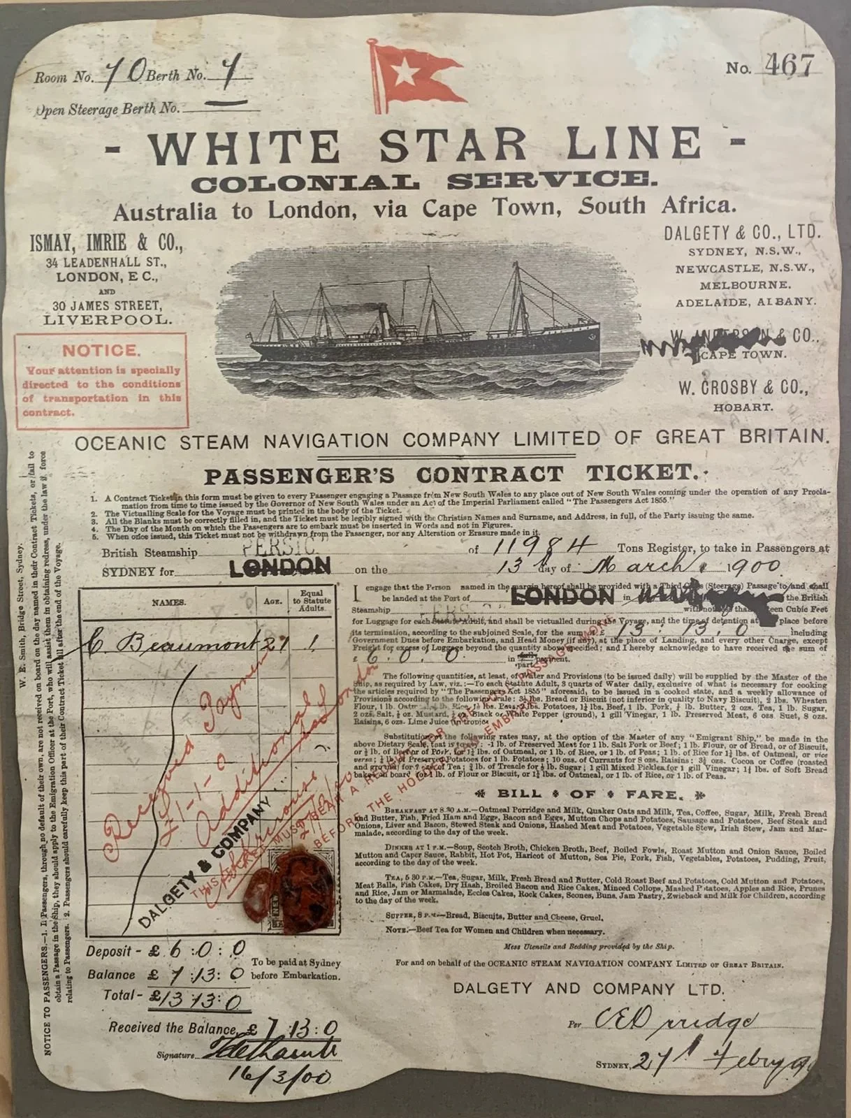 SS Persic White Star Line Passengers Contract Ticket (1900)