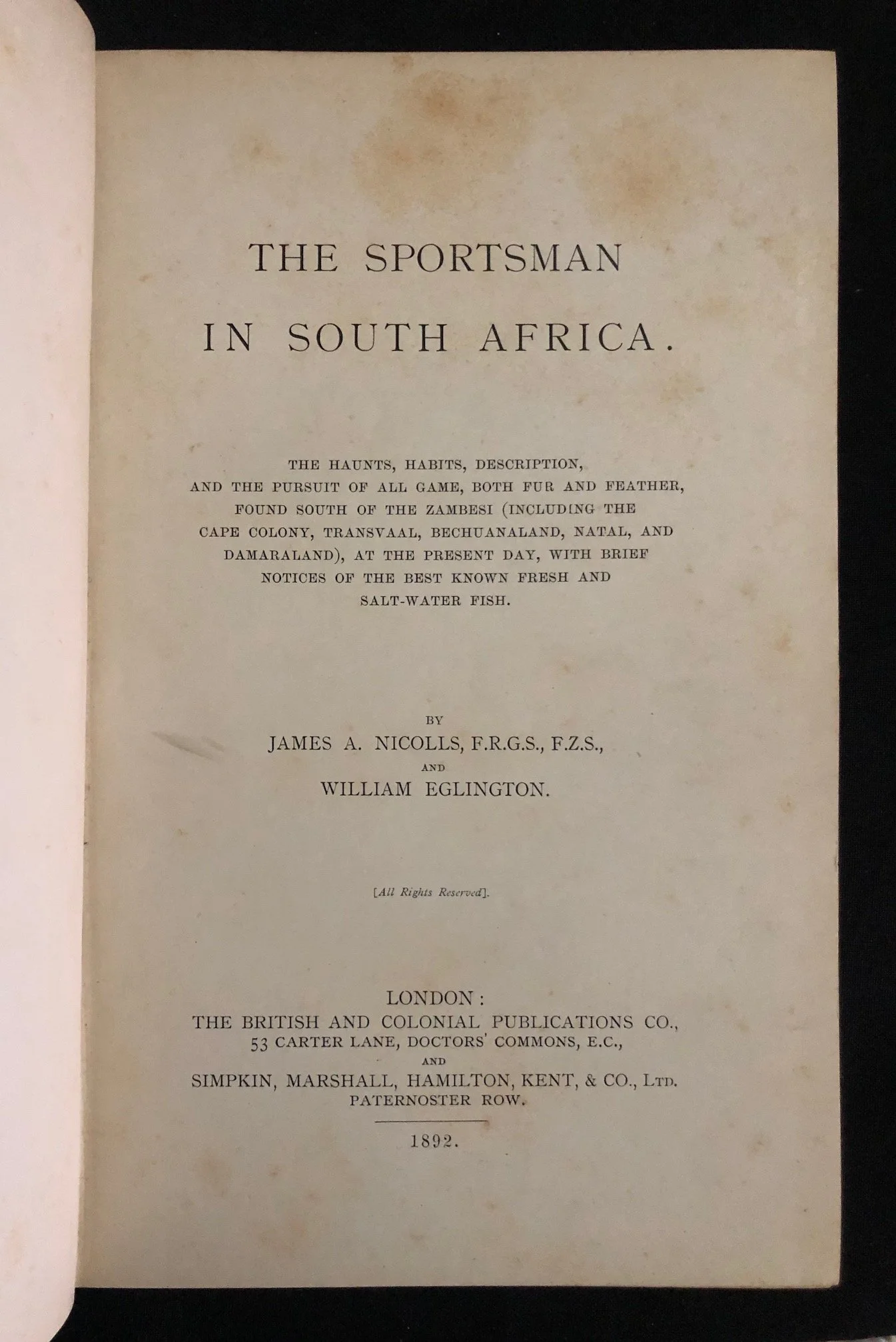 The Sportsman in South Africa by James A. Nicolls and William Eglington (1892)