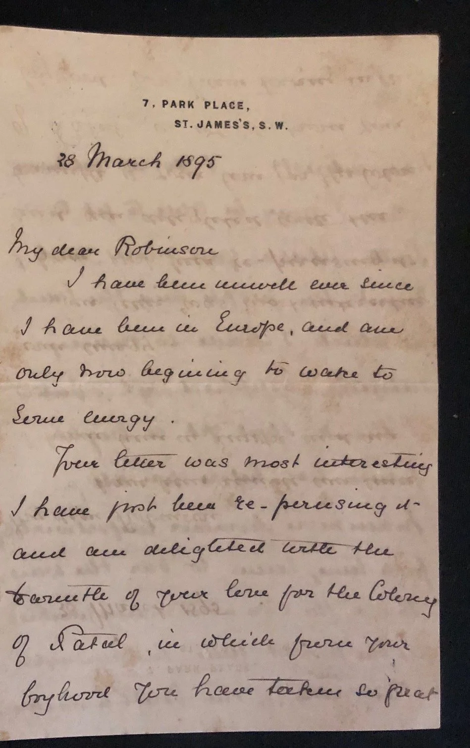 Manuscript letter by George Grey to Hercules Robinson (Jameson Raid) March 1895.