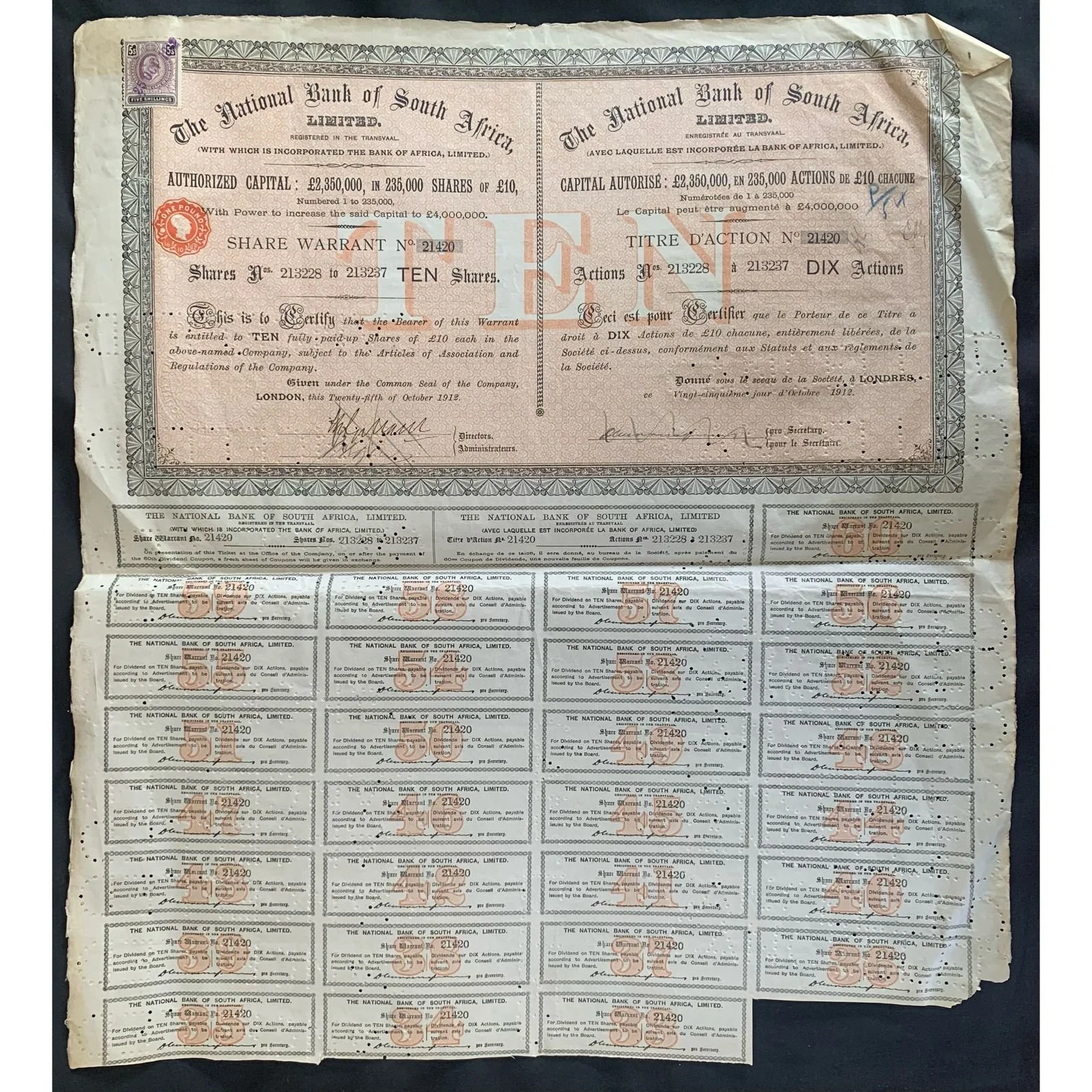 National Bank of South Africa Share Certificate 1912 R2,000