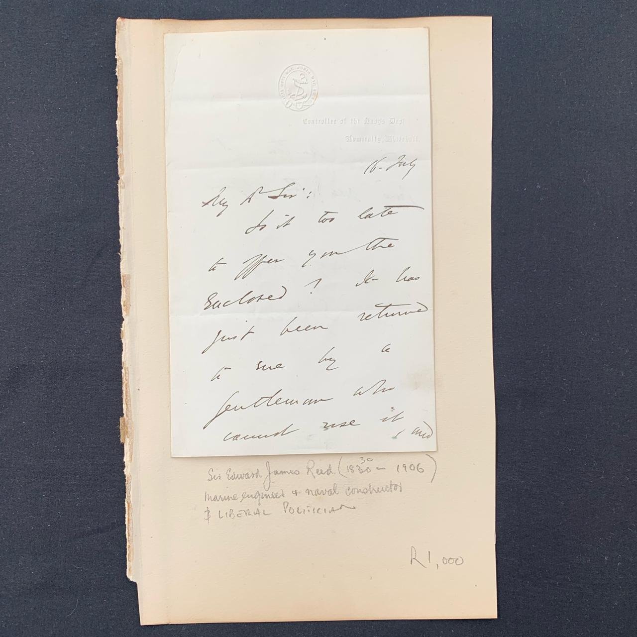 Letter by Sir Edward James Reed (naval architect) R1,000