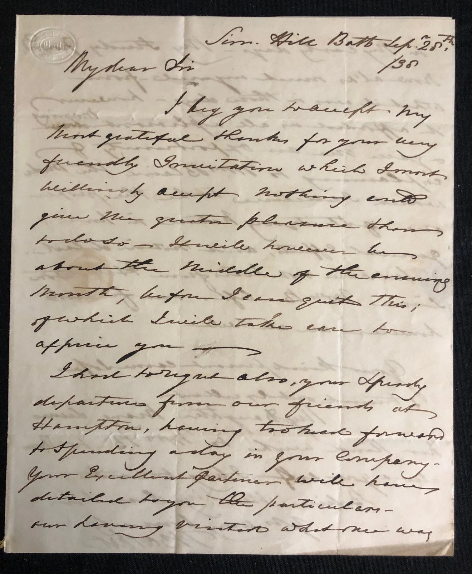 Manuscript Letter: English landscape and genre painter Thomas Barker of Bath (1838)