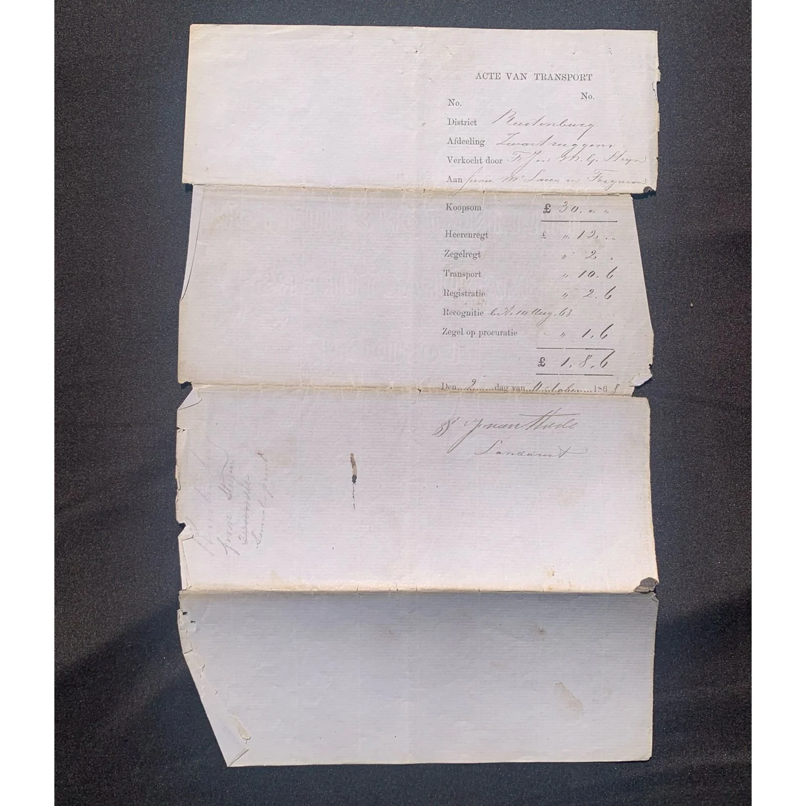 Receipt of Transport Rustenburg 1868 R1,000