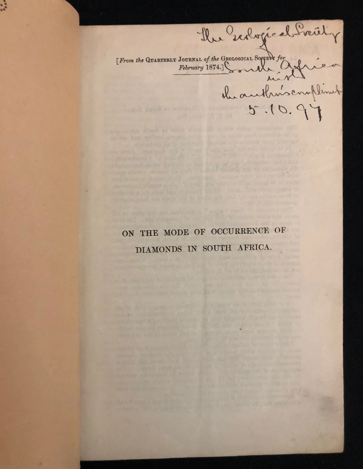 Edward John Dunn’s paper, On the Mode of Occurrence of Diamonds in South Africa, Inscribed (1874)