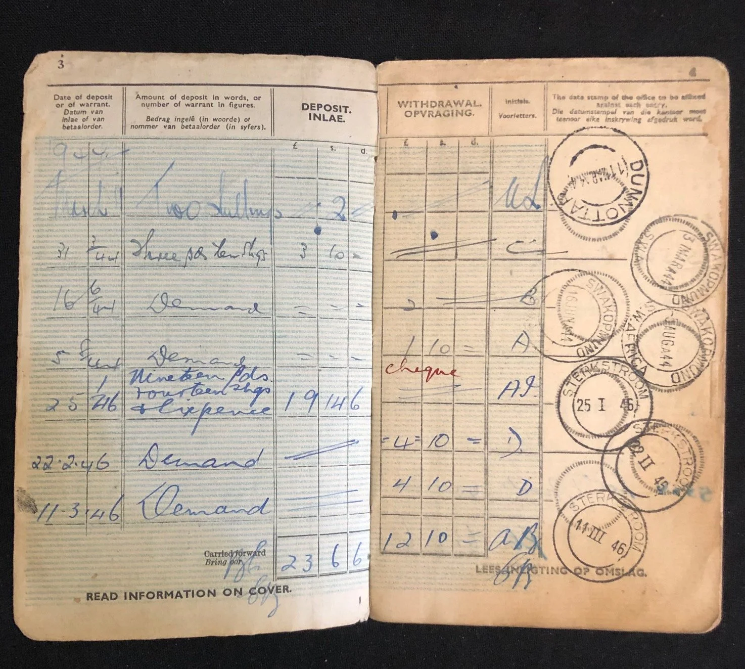 Post Office Savings Book - “Native” Bernard Mokabe - member of the Native Military Corps (NMC) 1946