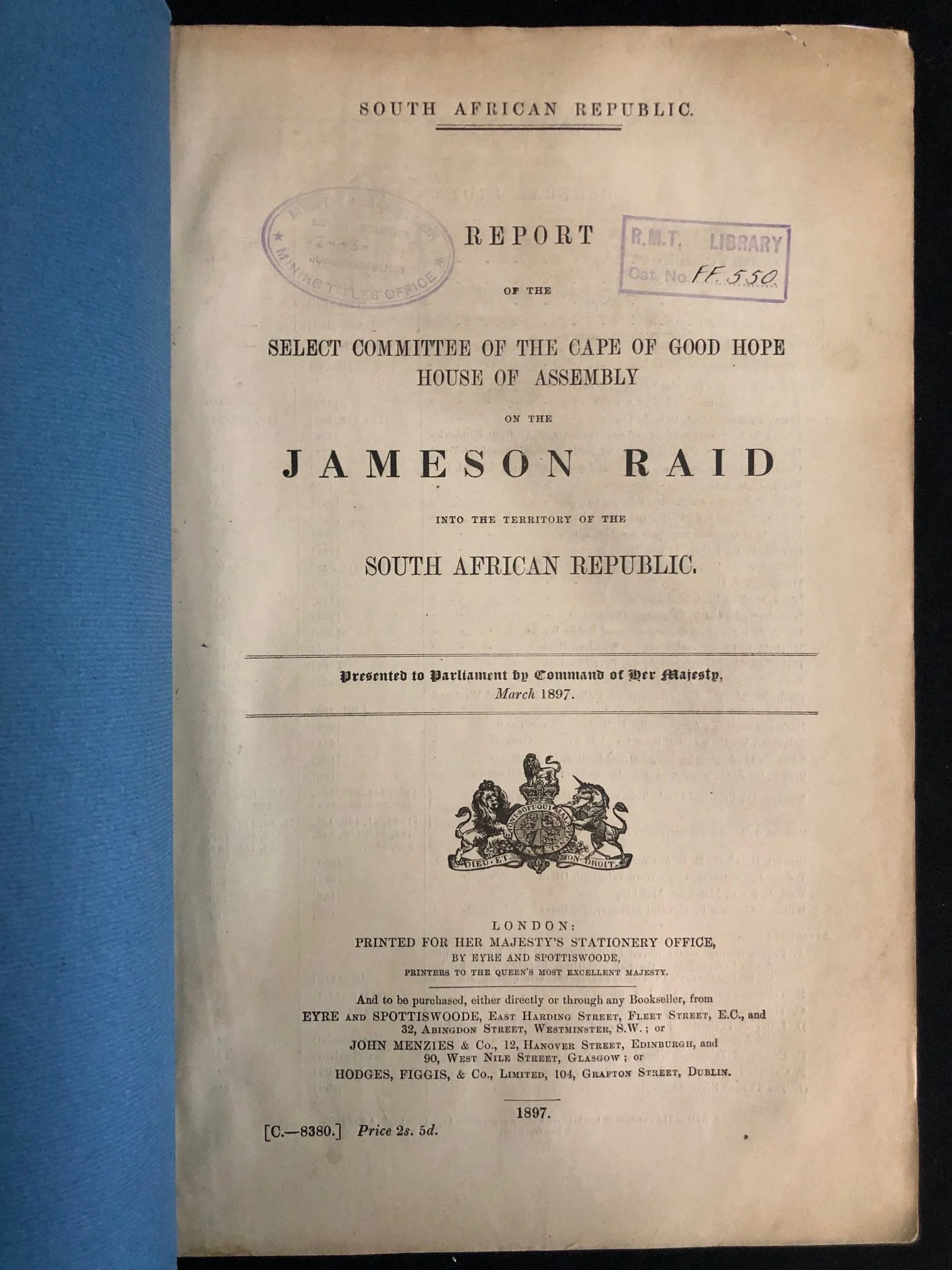 Blue Book: Report on the Jameson Raid (March 1897)