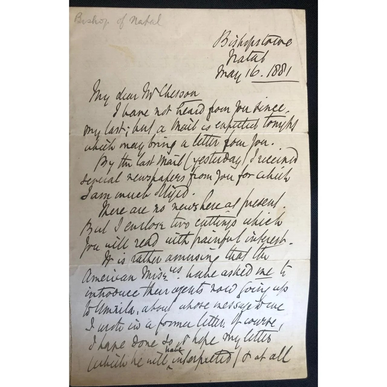 Bishop Colenso Letter, Zulu War interest (1881) R3,500