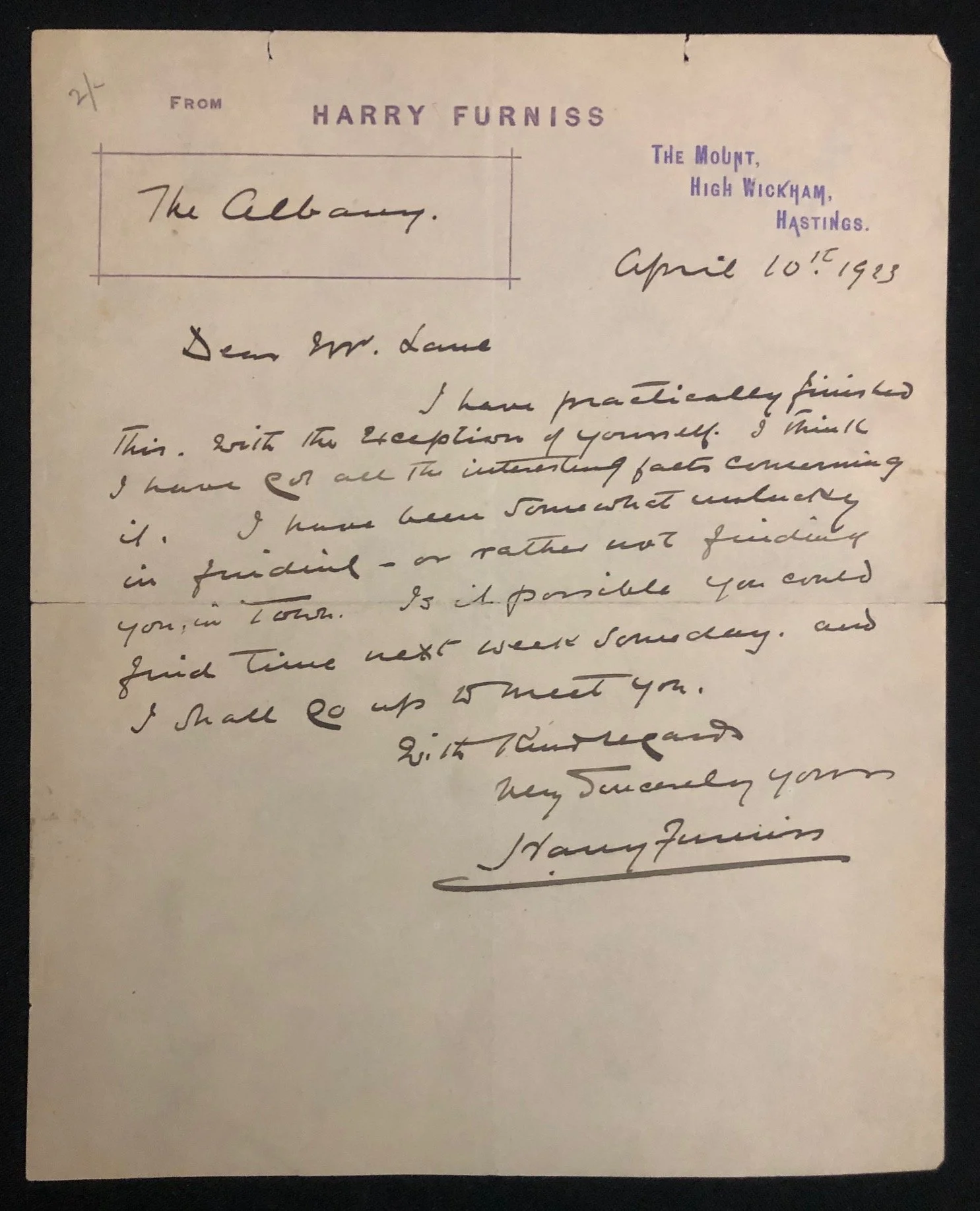 Harry Furniss to publisher John Lane, founder of The Bodley Head (1923)