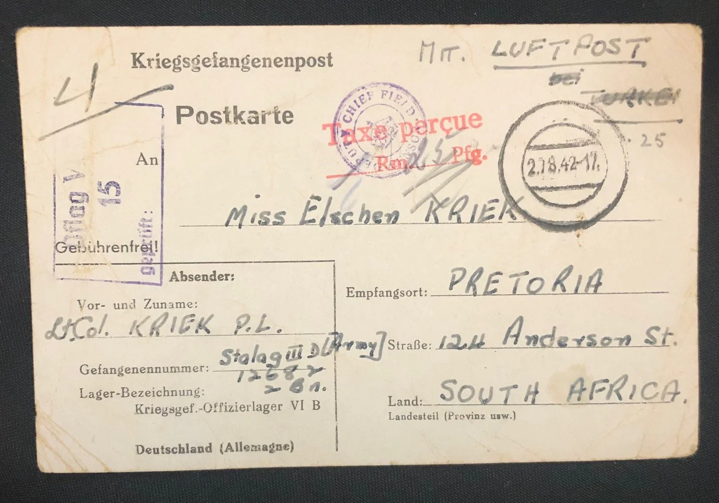 Three WWll POW postcards - Lt. Col. P.L. Kriek