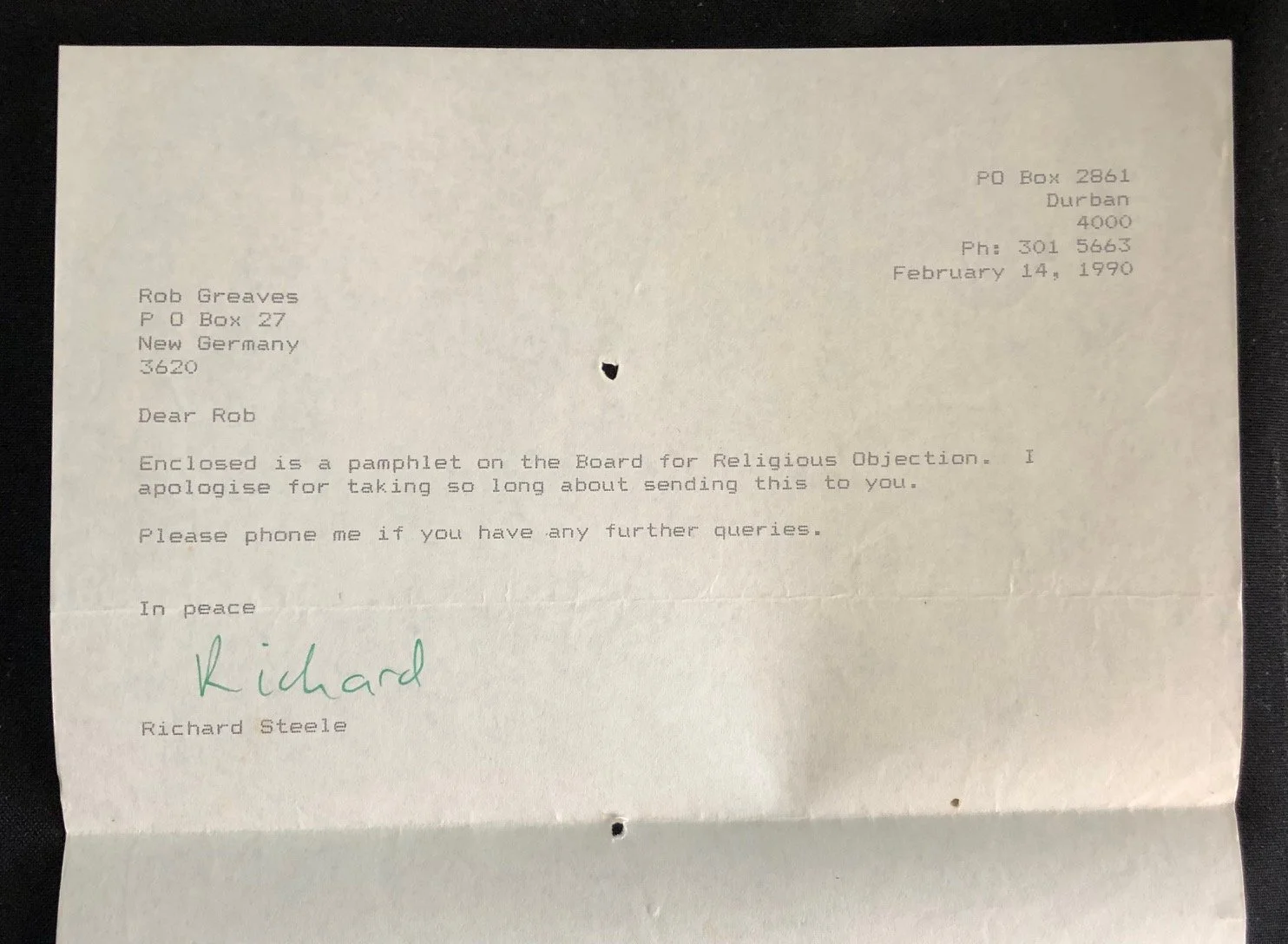 Richard Steele, signed letter: End Conscription Movement in South Africa (1990)