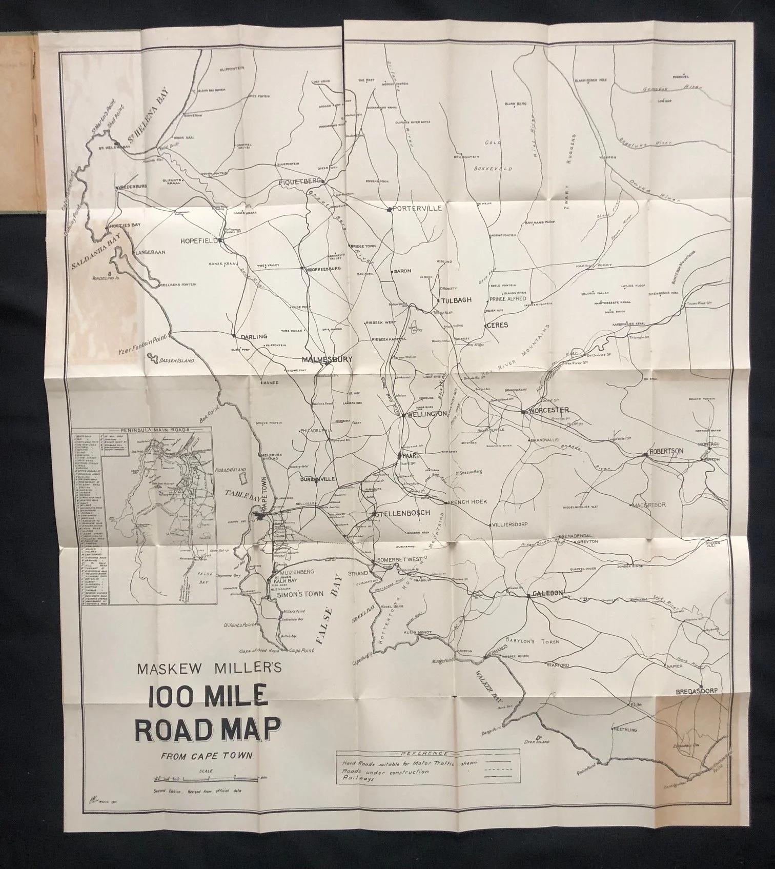 Maskew Miller’s 100 Mile Road Map from Cape Town, dated March 1921