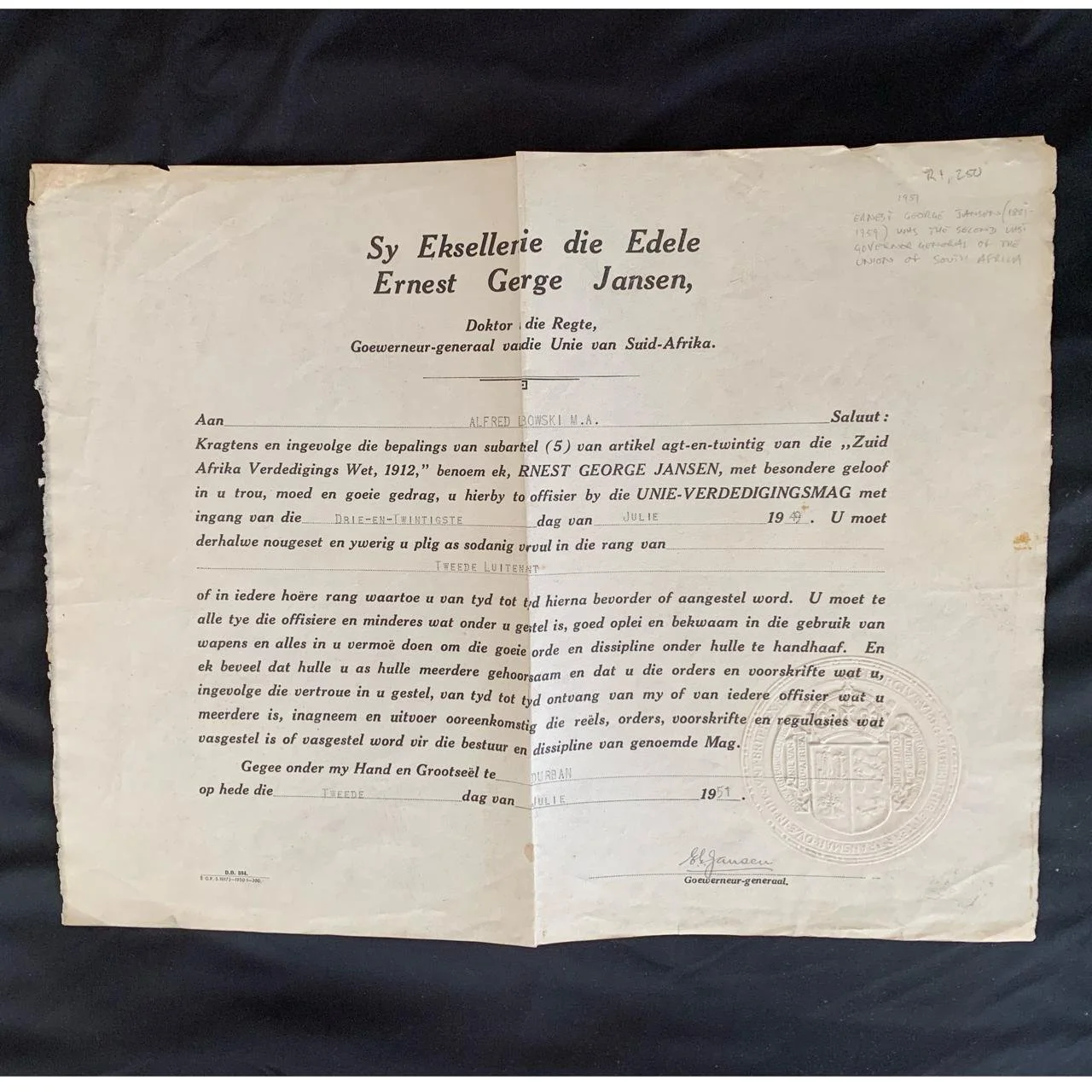 Union Defence Force document signed by EG Jansen 1951 R1,250