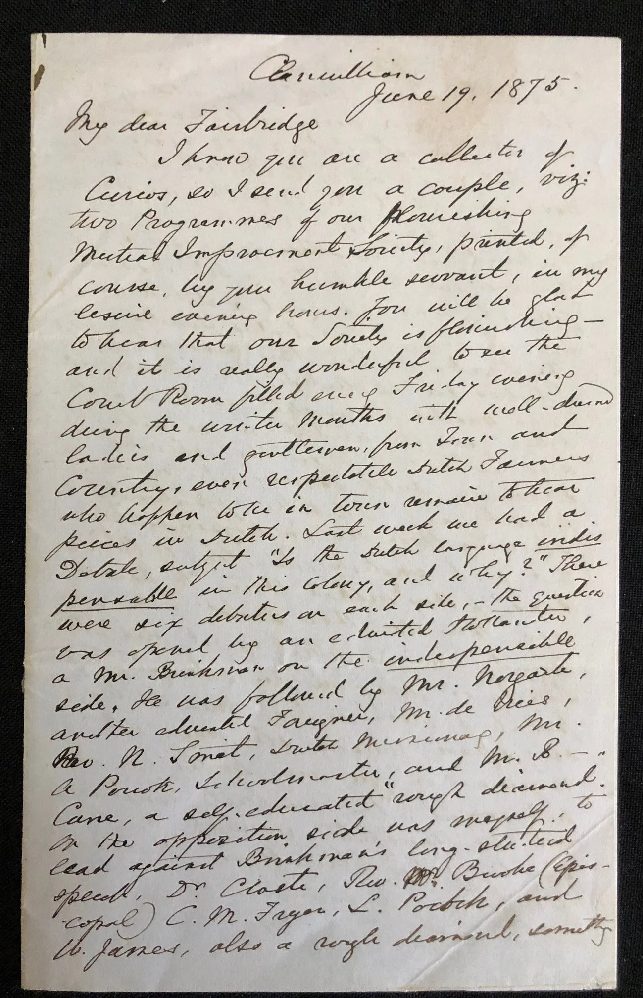 Letter to C.A Fairbridge regarding Dutch (Afrikaans) an official language (1875) R2,500