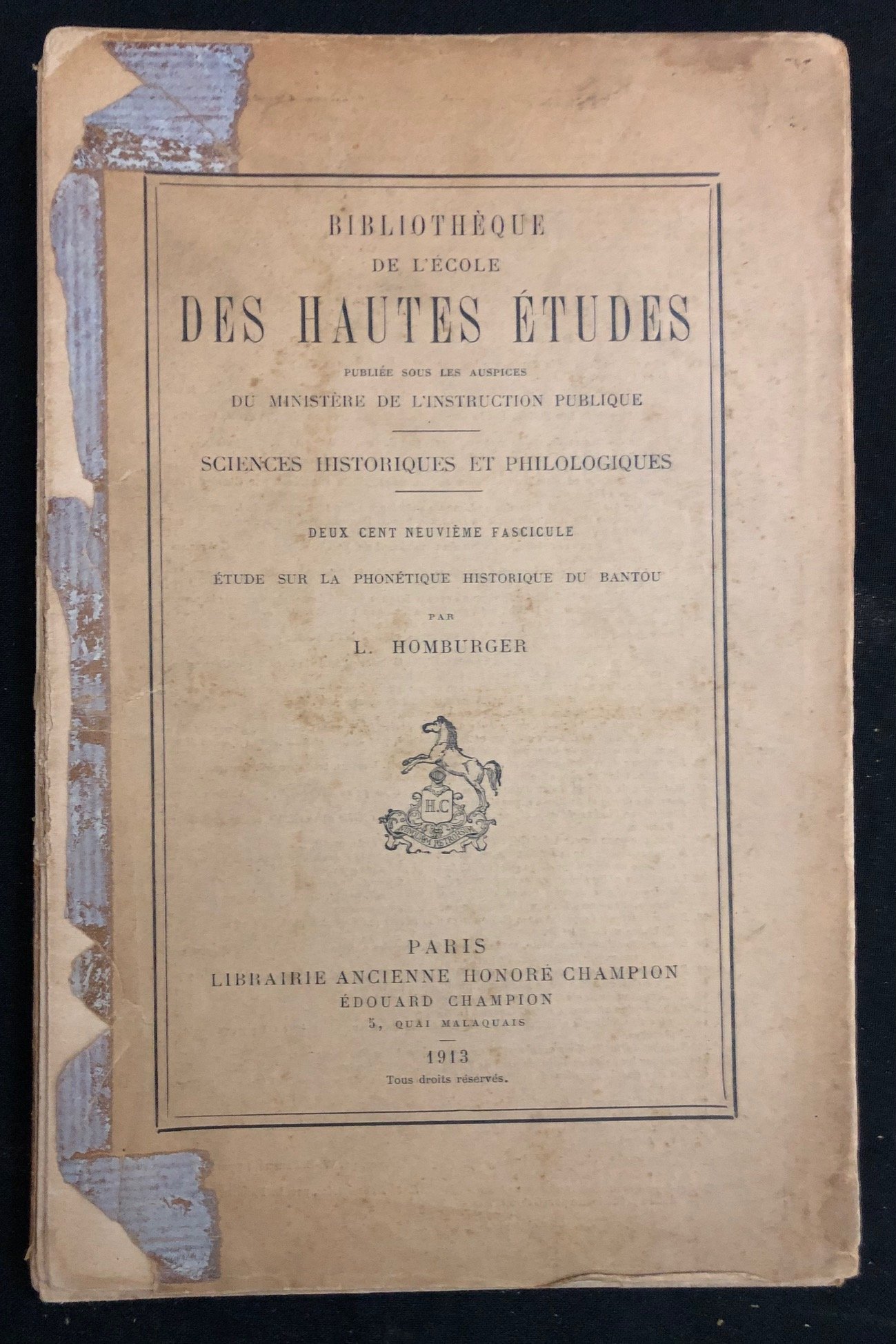 Étude sur la phonétique historique du bantou (Study on the Historical Phonetics of Bantu) by Lilias Homburger (1913)