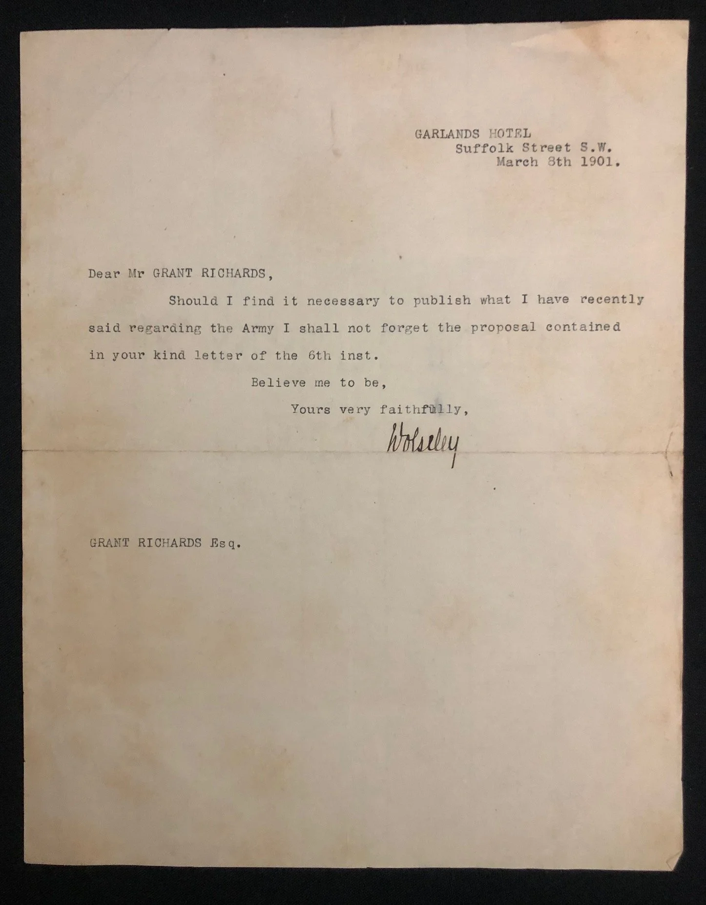 Letter signed by Field Marshal Garnet Wolseley - Boer War (1901)