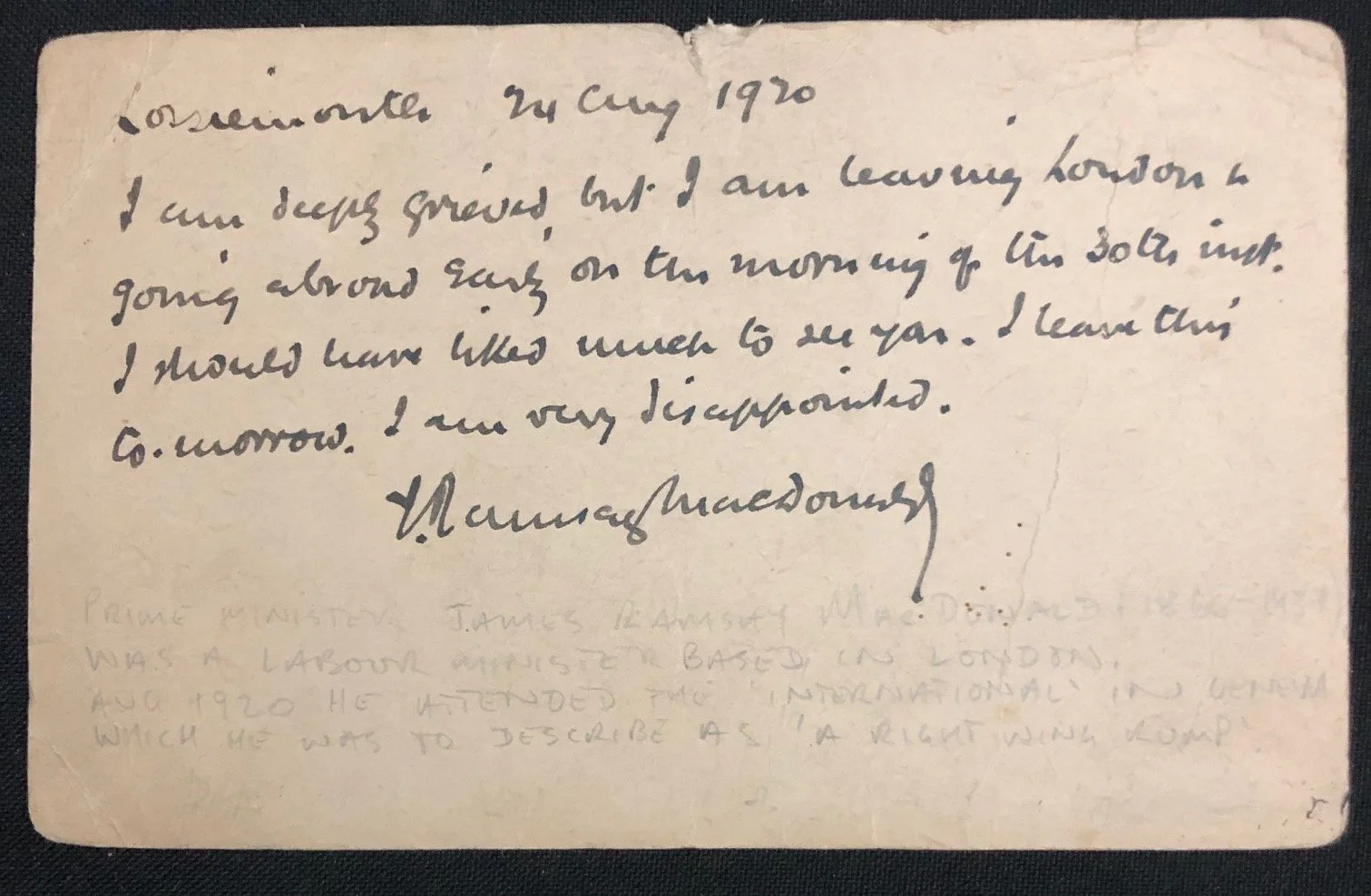 Postcard written by Labour PM, James Ramsay MacDonald. 1920.