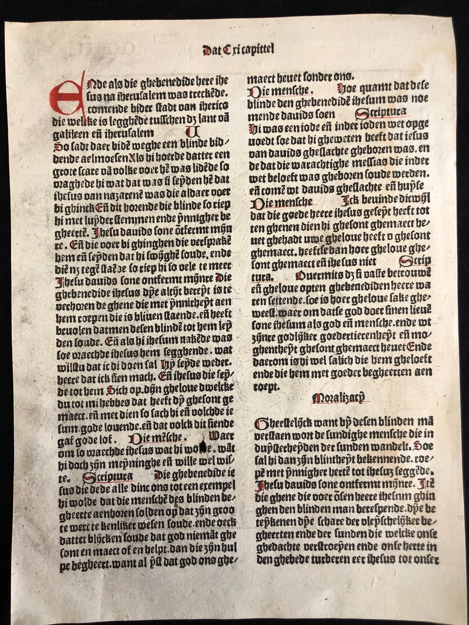 A leaf from a Dutch incunabulum (The Book of the Properties of Things), printed by Jacob Bellaert in Haarlem (1485)