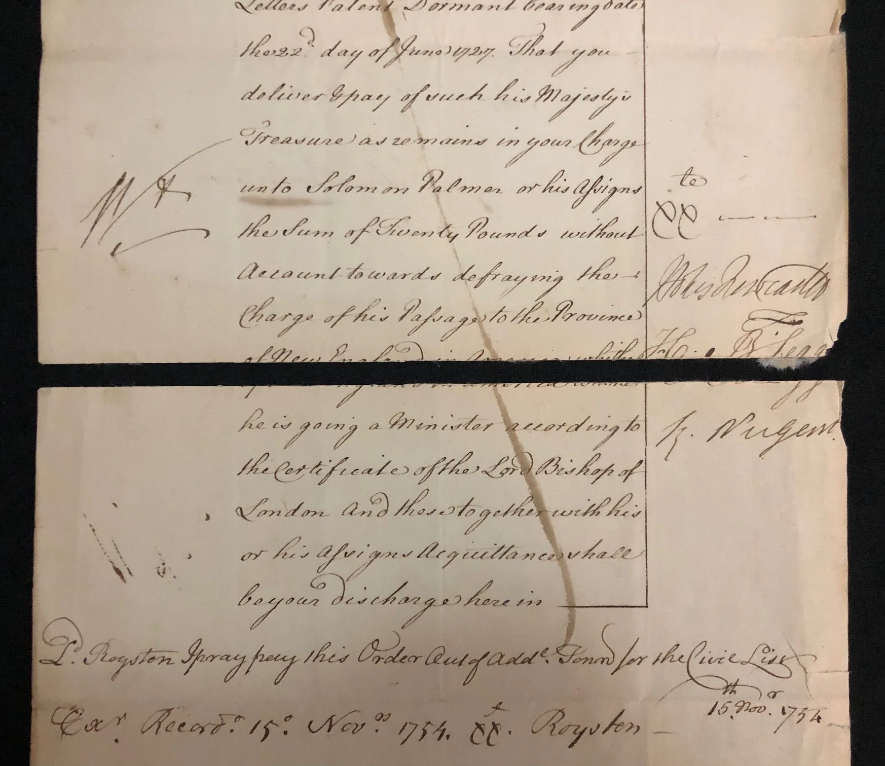  "King’s Bounty," a standard grant of £20 given to Solomon Palmer, an Anglican clergyman traveling to the Americas in 1754