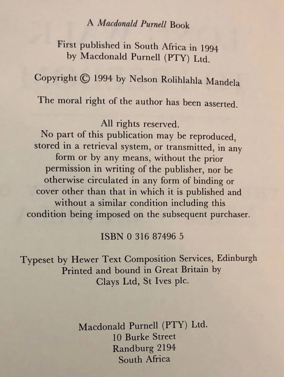 First Edition of Nelson Mandela’s Long Walk to Freedom (1994)