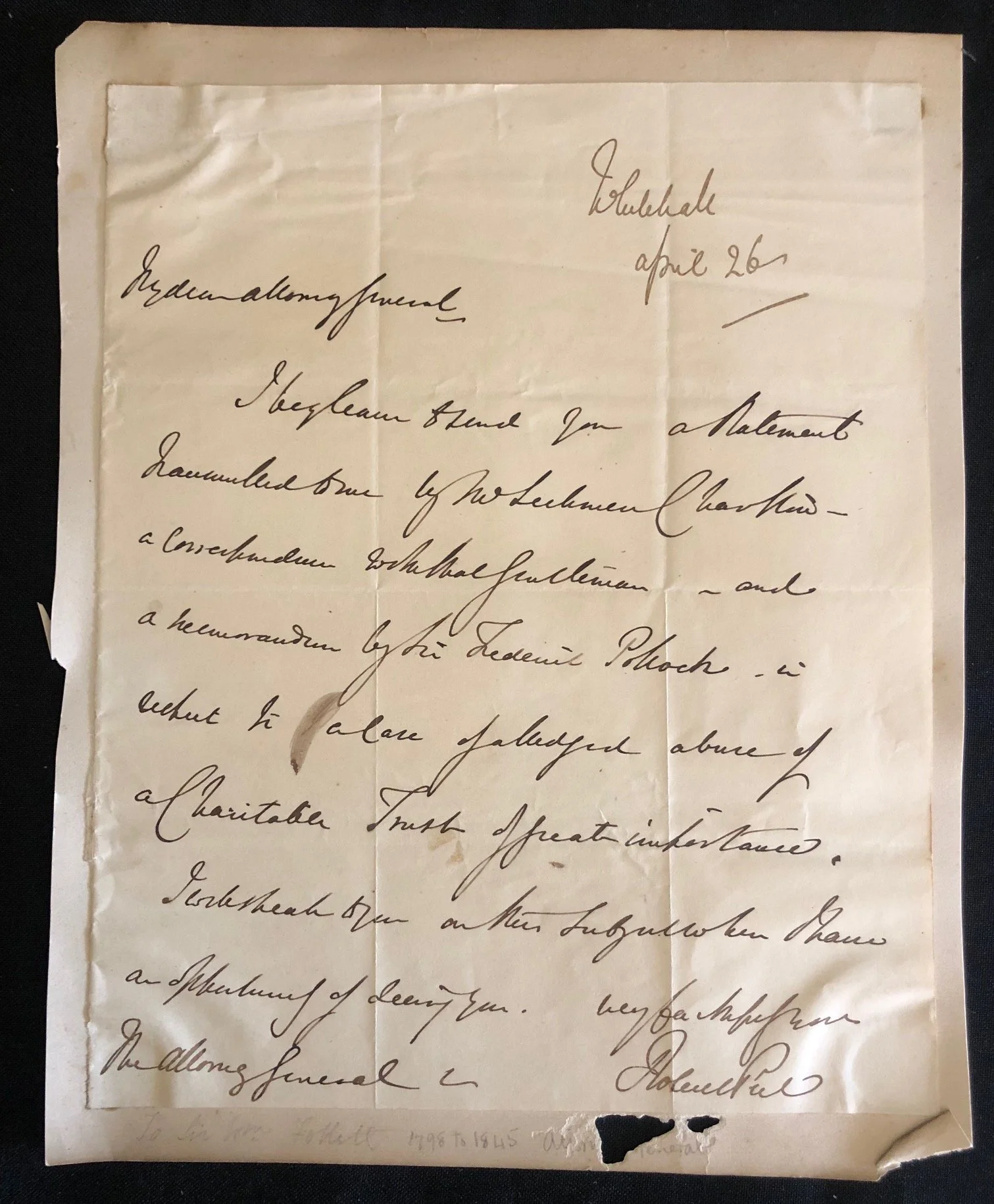 Prime Minister Sir Robert Peel to his Attorney General, Sir William Follett (1844)