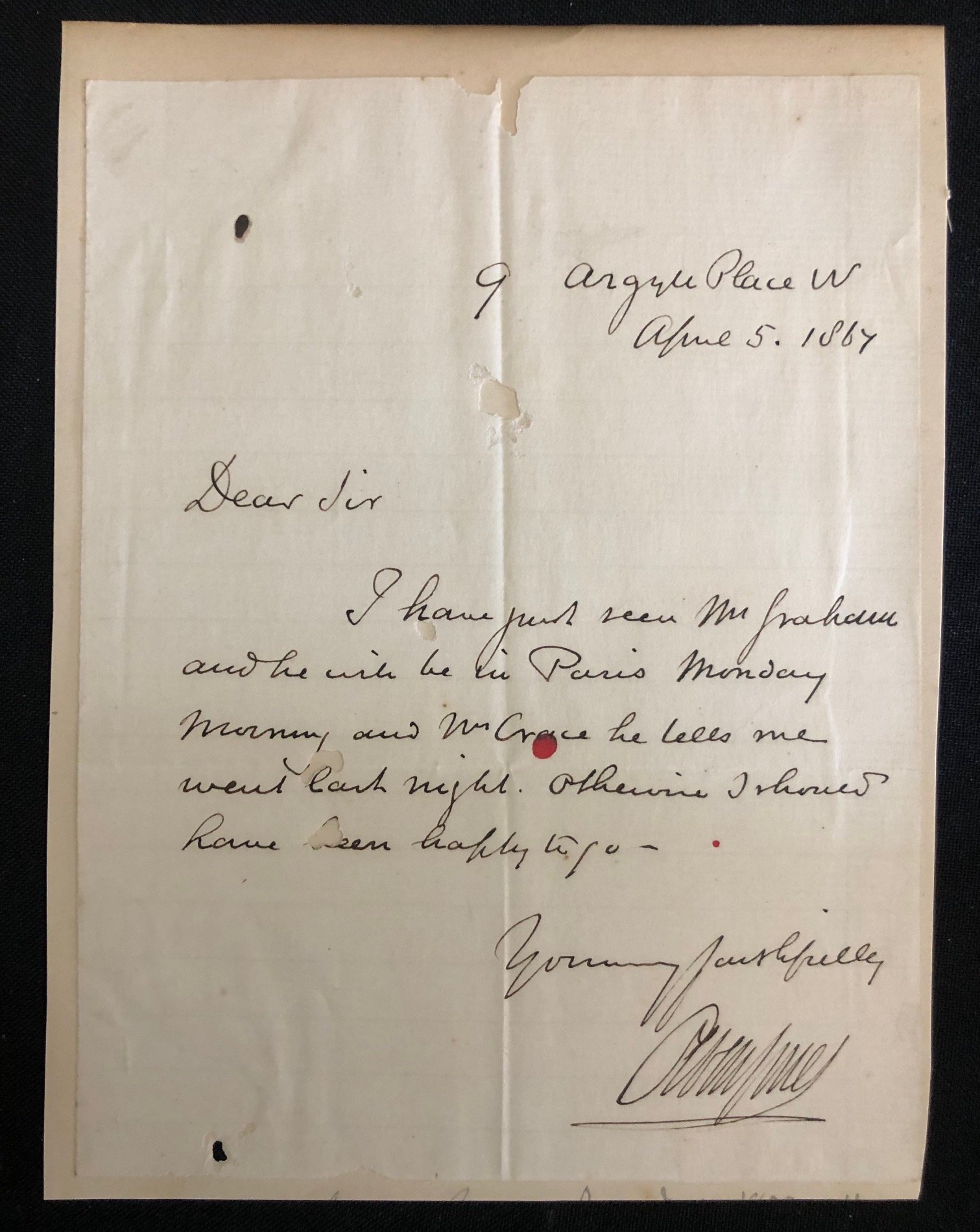 Letter written and signed by architect Owen Jones (1867)