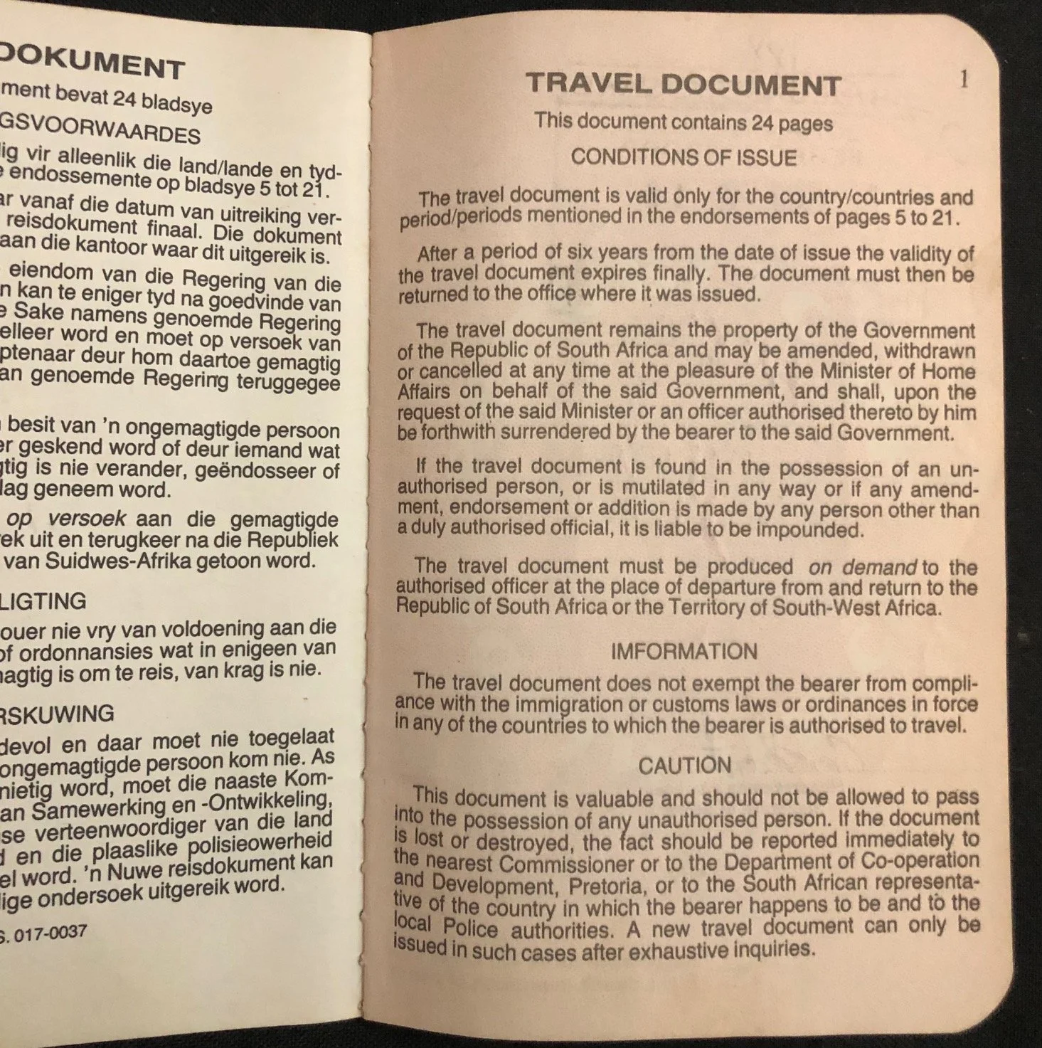 Apartheid era, South African Travel Document (1988)