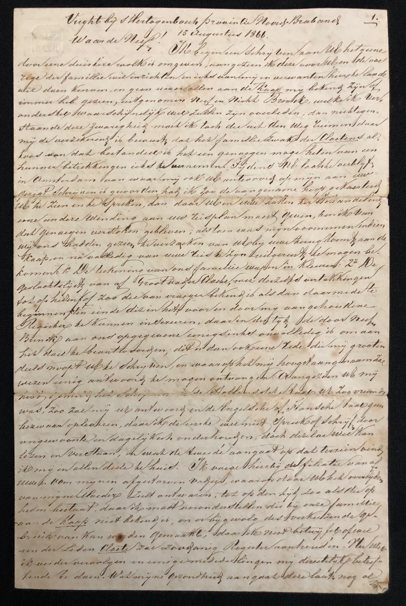 Genealogical letter: Possibly to Jacob Coenraad Cloete (1866)