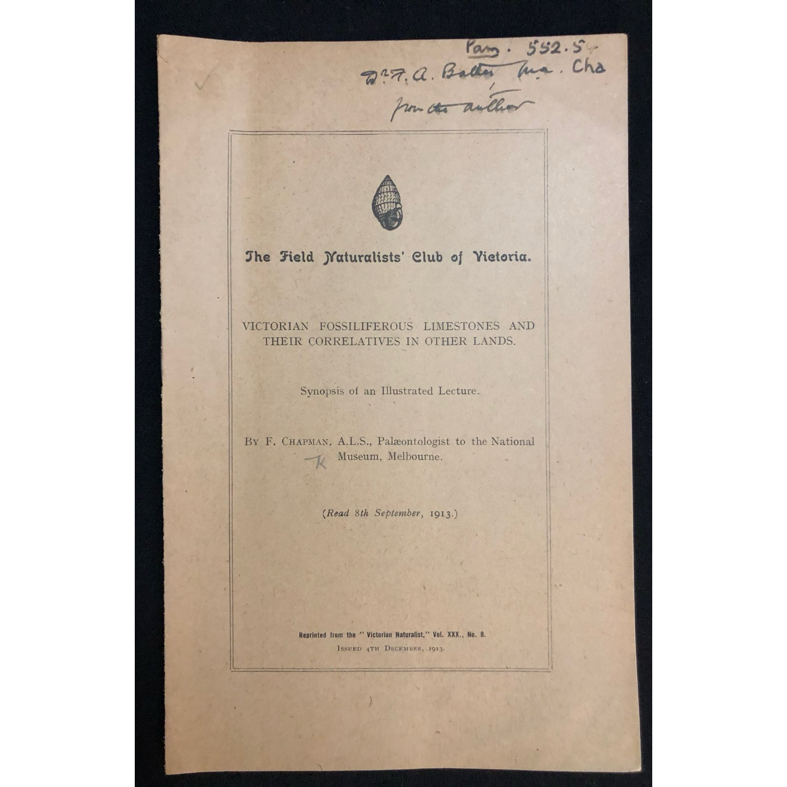 "Victorian Fossiliferous Limestones" by F. Chapman, National Museum in Melbourne (1913) R1,000