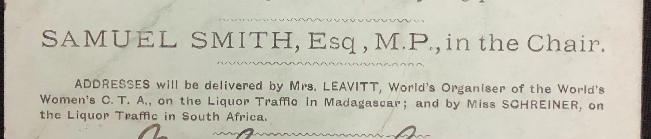 Admission card for a meeting addressed by Olive Shreiner