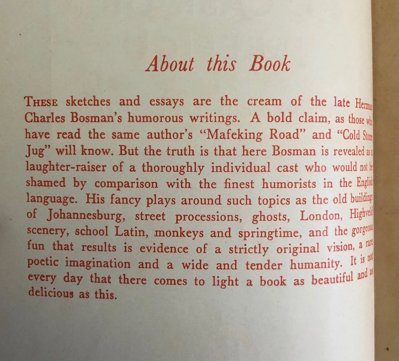 First Edition of Herman Charles Bosman’s A Cask of Jerepigo (1957)
