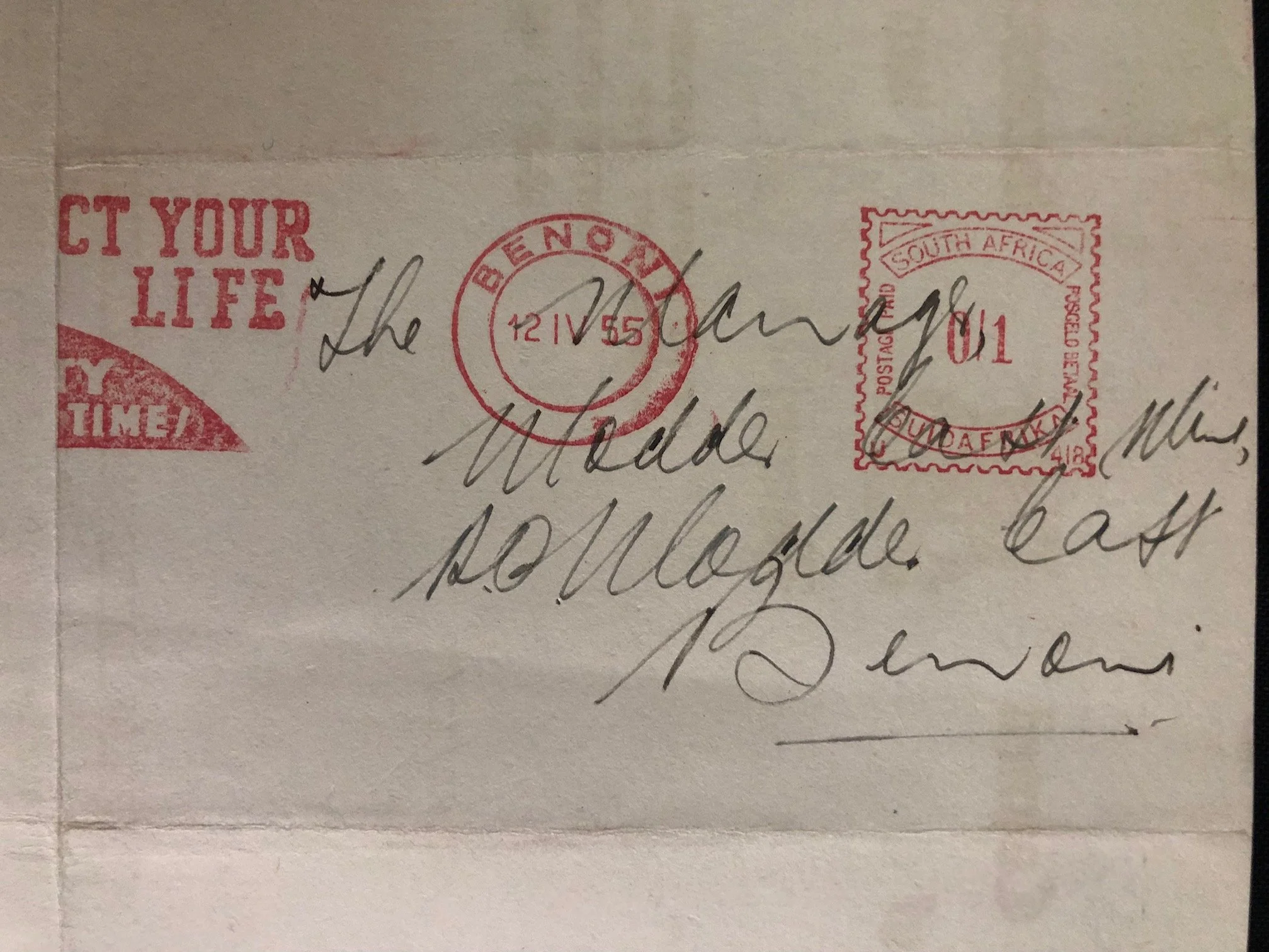 Postmark from an invitation to the official opening of the Daveyton Bantu Township - Apartheid Related (1955)