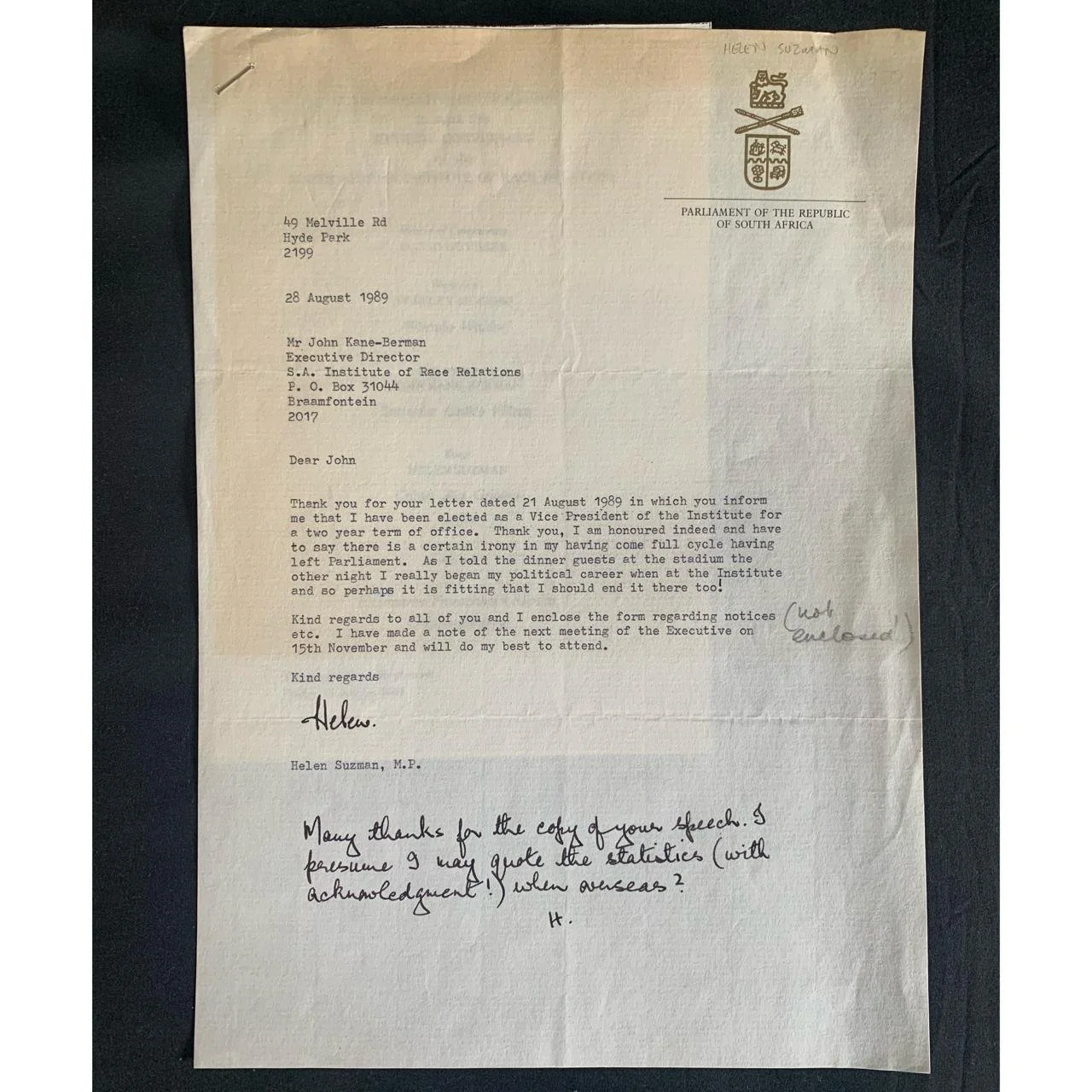 Suzman Letter on Appointment as Vice President of IRR 1989 R1,000
