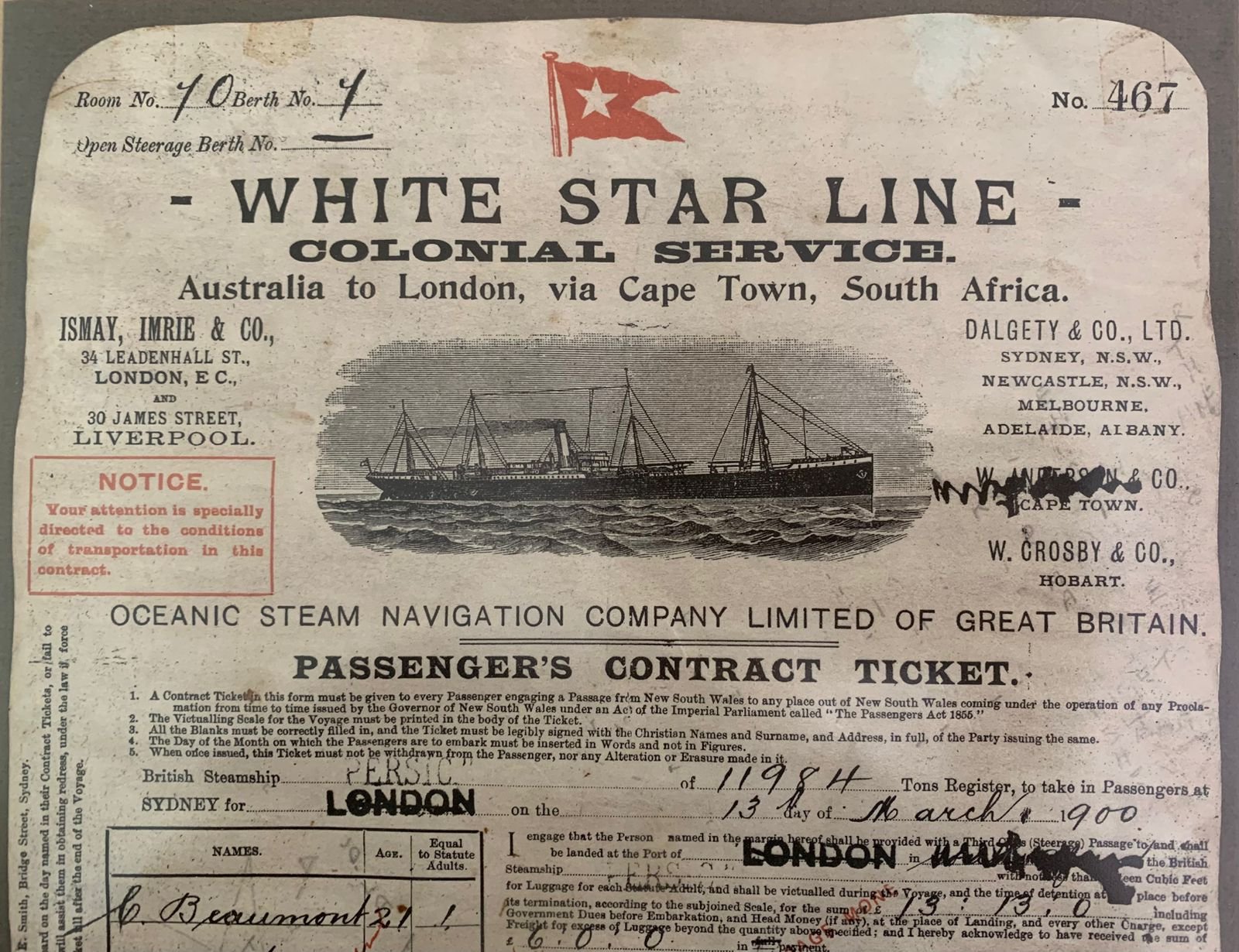 SS Persic White Star Line Passengers Contract Ticket (1900)