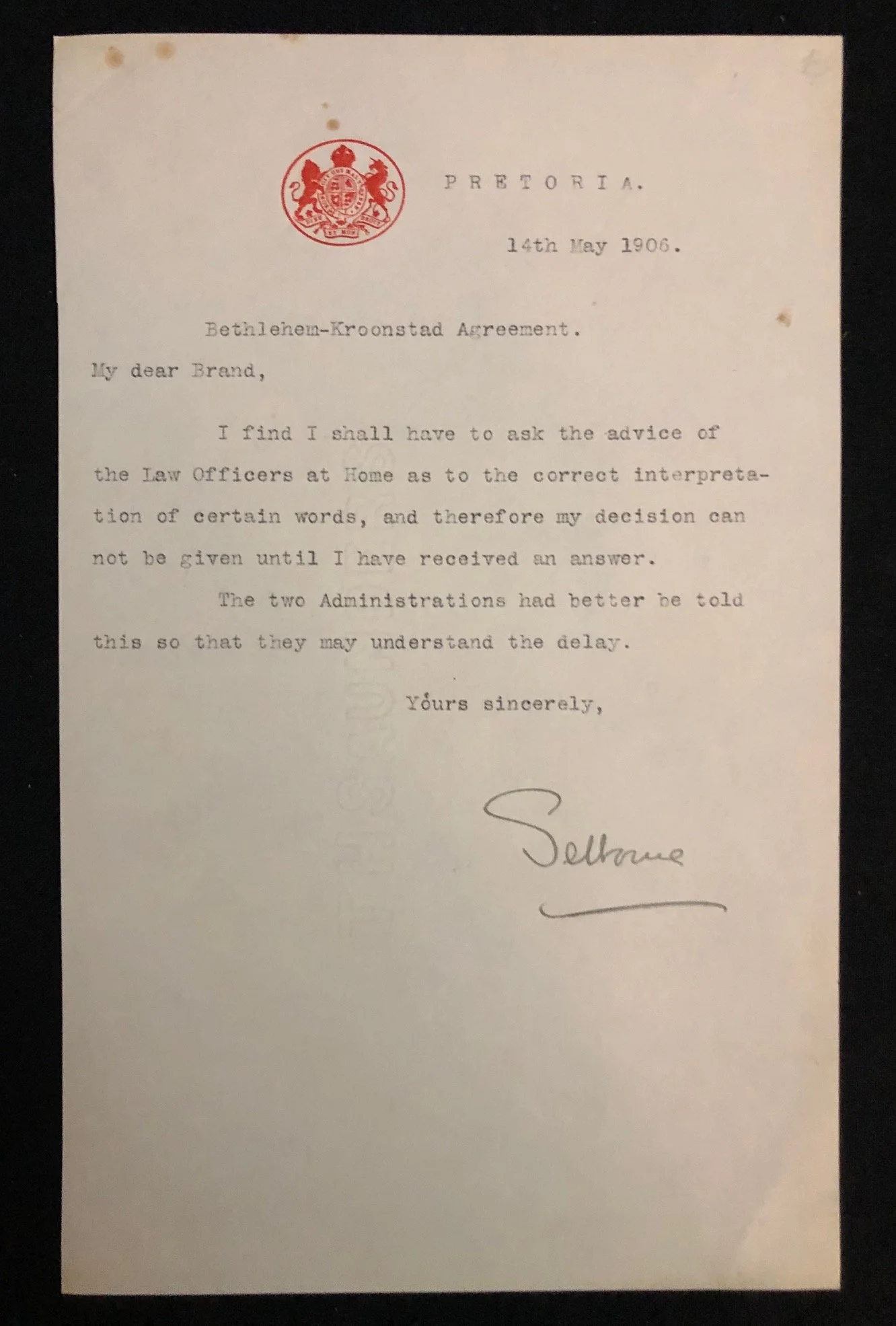 Letter RE Railways after The Boer War.