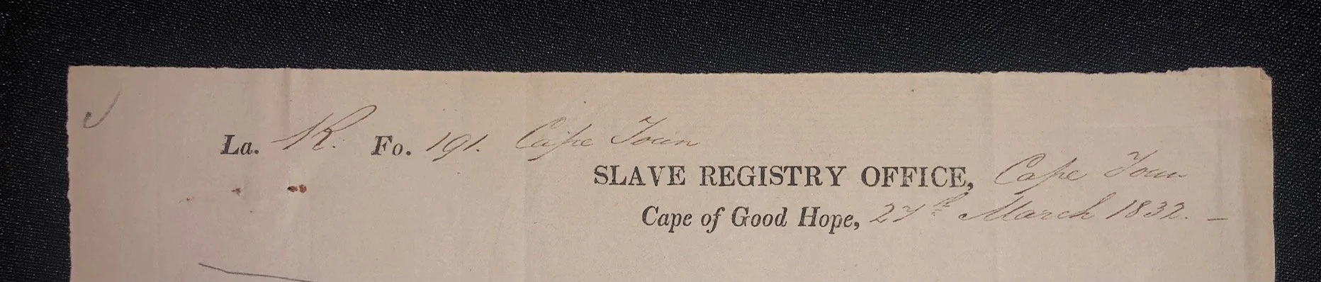 Birth Registration Certificate for an Enslaved Infant 1832