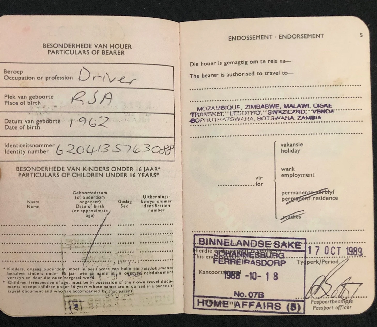 Apartheid era, South African Travel Document (1988)