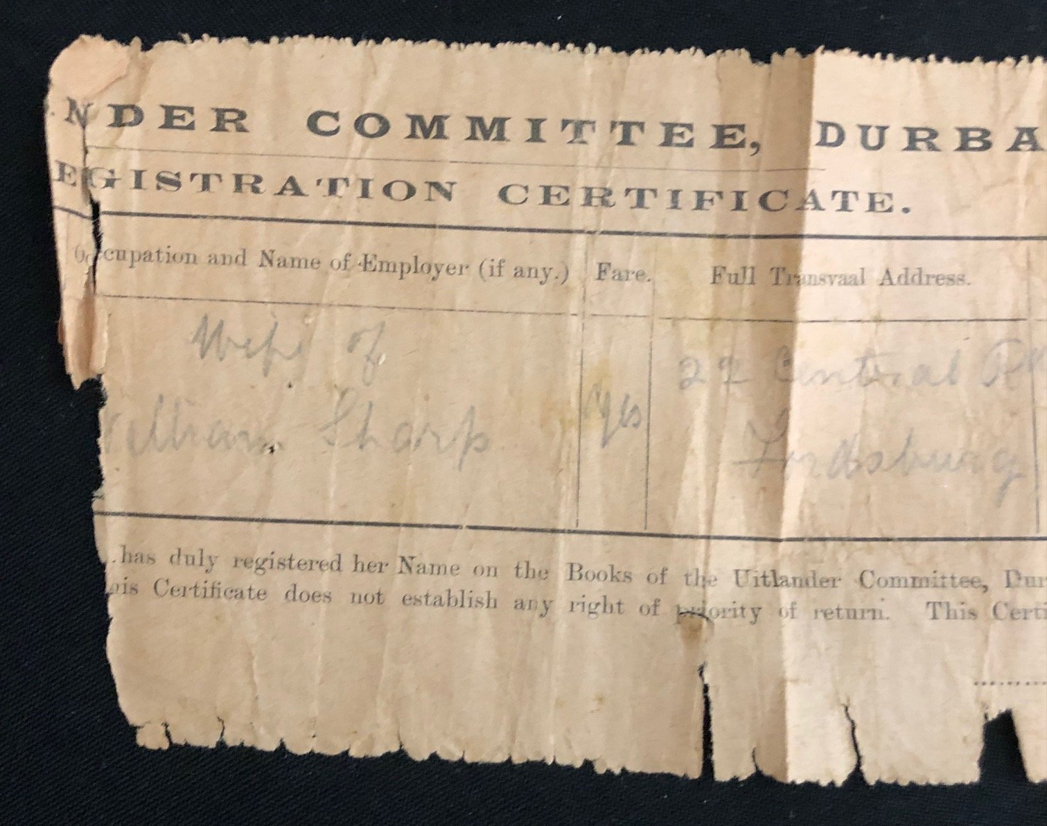 Anglo-Boer War refugee document