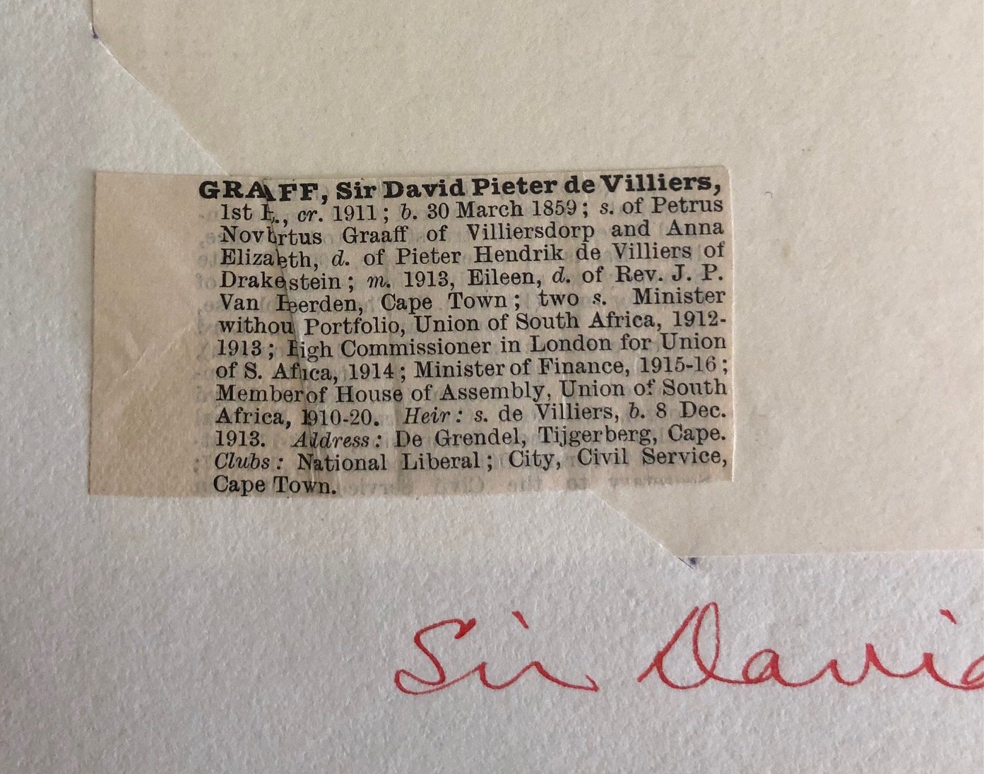 Letter signed by Sir David Pieter de Villiers Graaff, 1913 (Written during the white miners' strike)