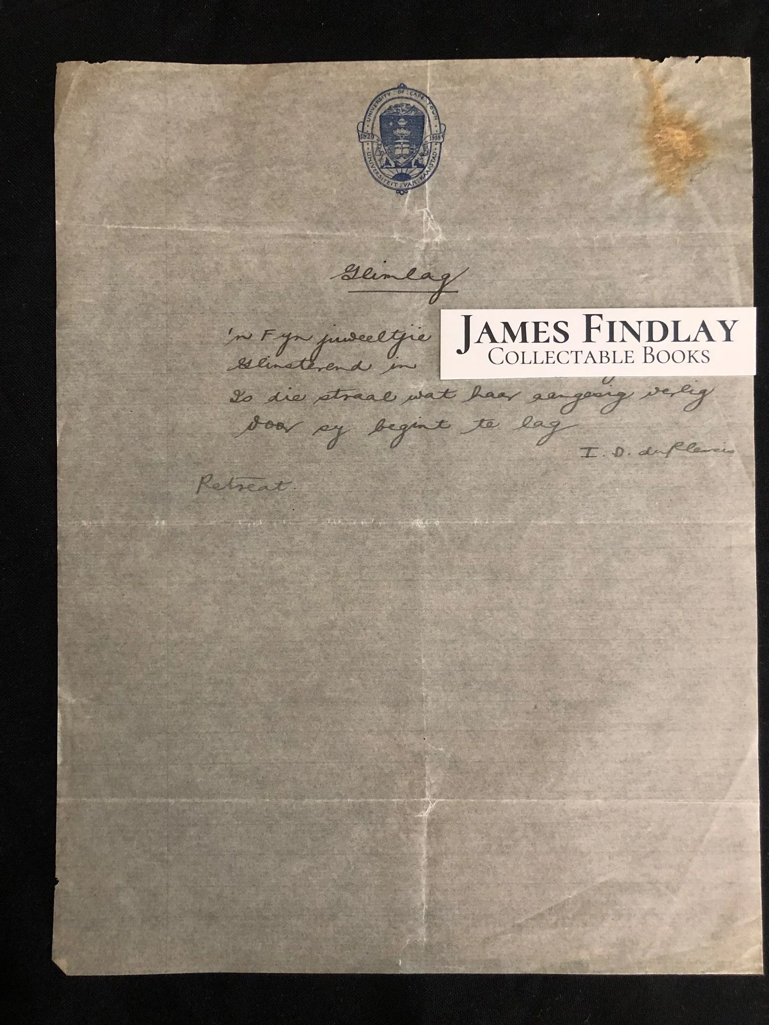 “Glimlag” a manuscript poem by I.D. du Plessis (c. 1950’s)