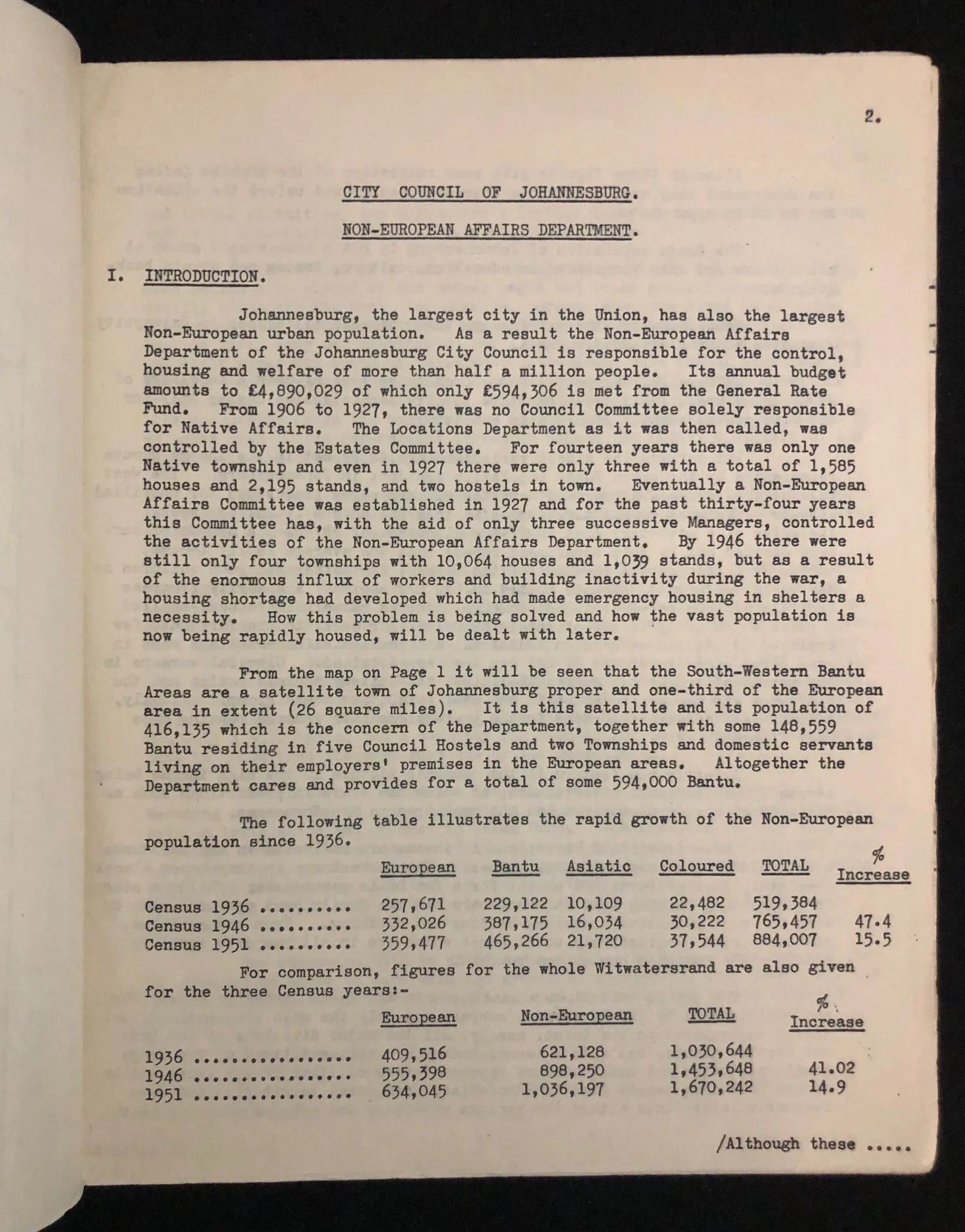 City of Johannesburg Non-European Affairs Department (c.1960)