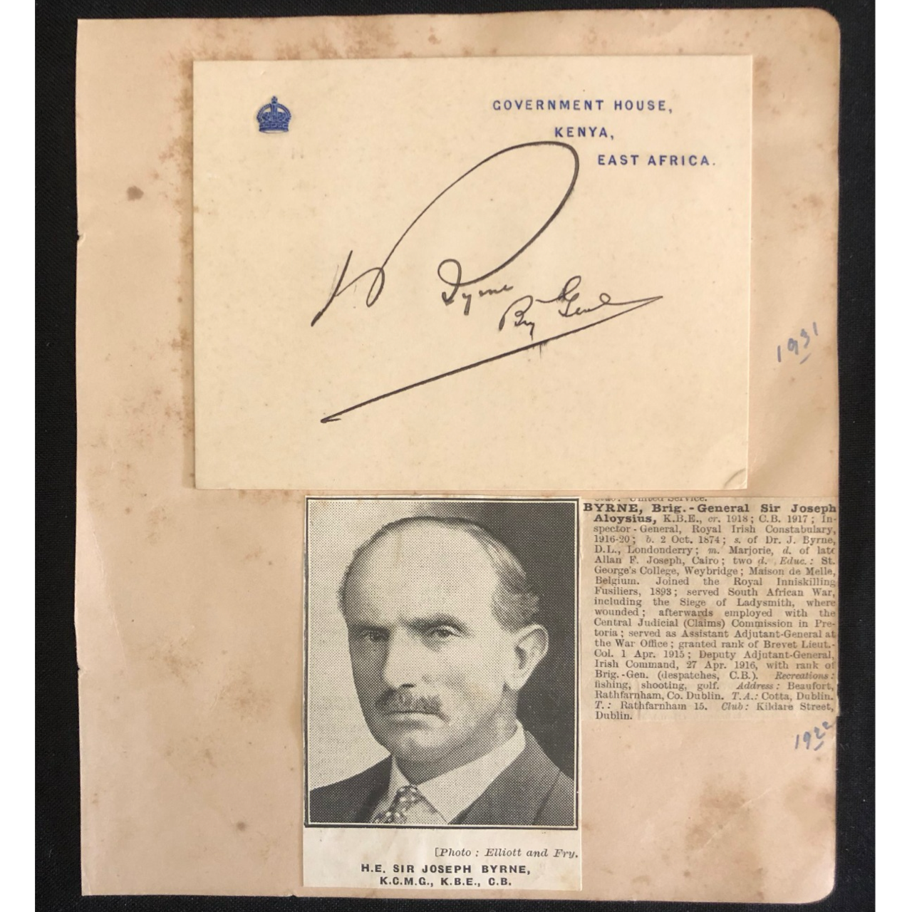Brigadier-General Sir Joseph Aloysius Byrne, Kenya (1931) R1,000