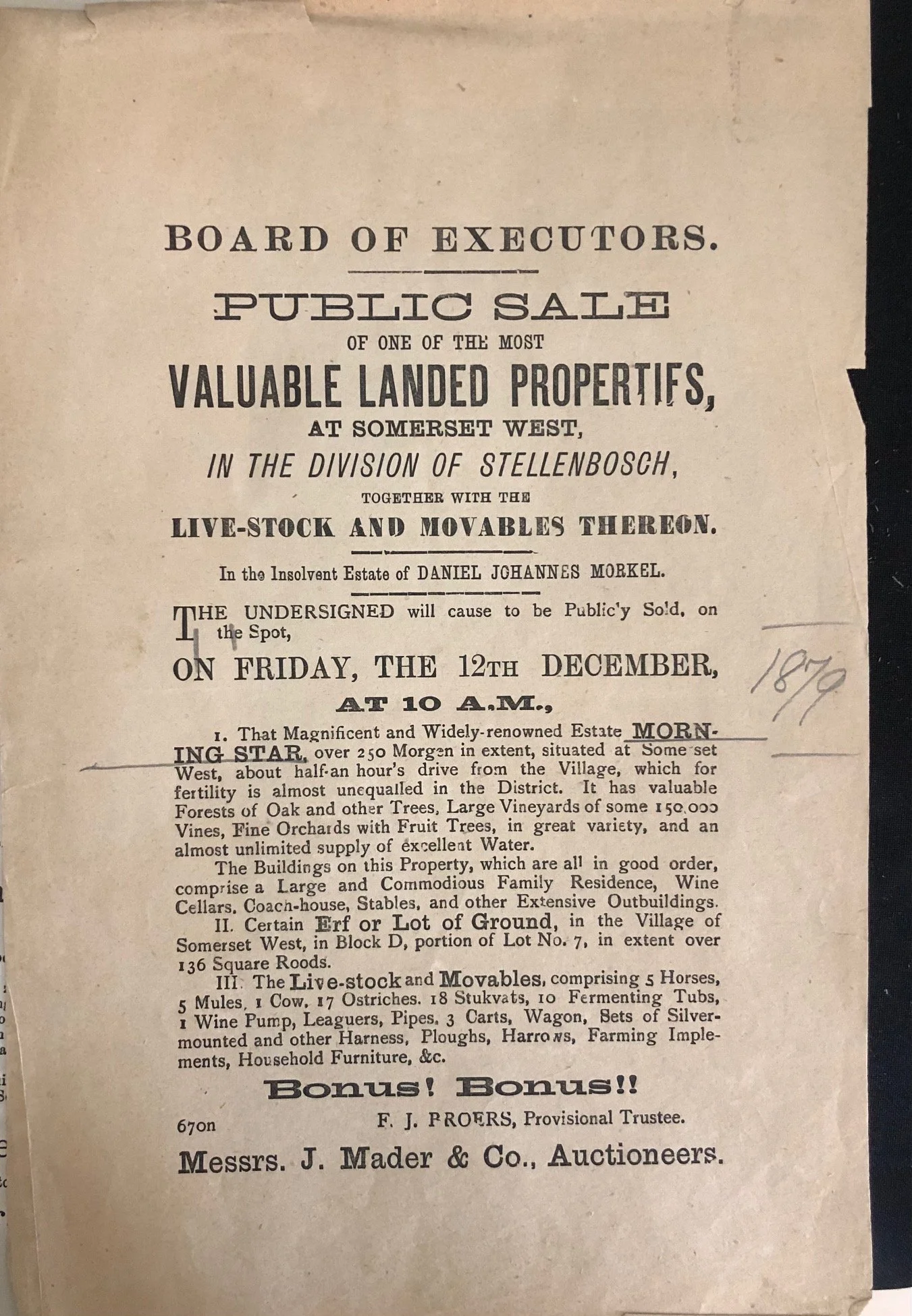 Western Cape Auctioneers Broadsides c.1880’s