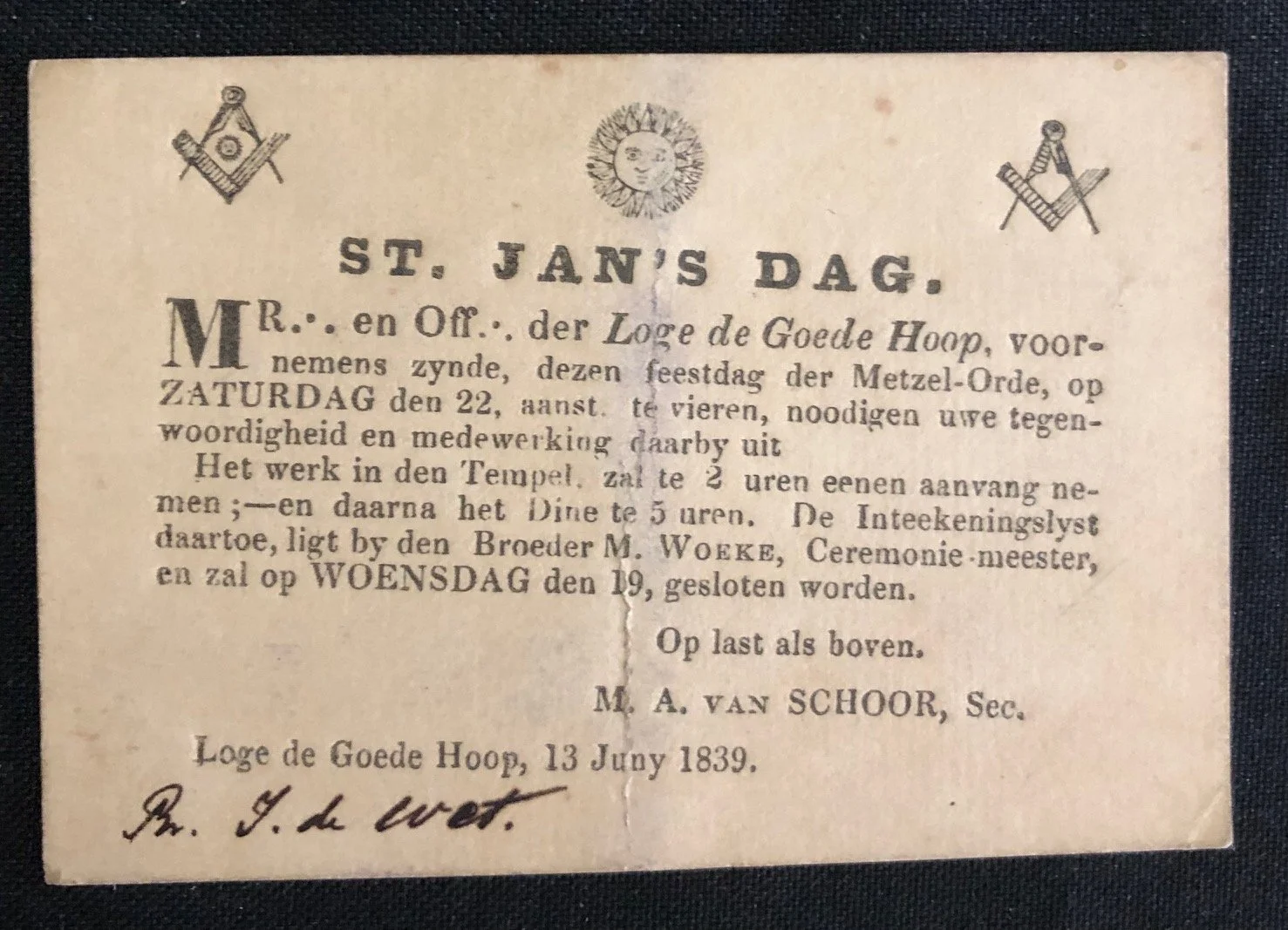 Four Admission tickets for the Masonic lodge de Goede Hoop in Cape Town (c.1845)