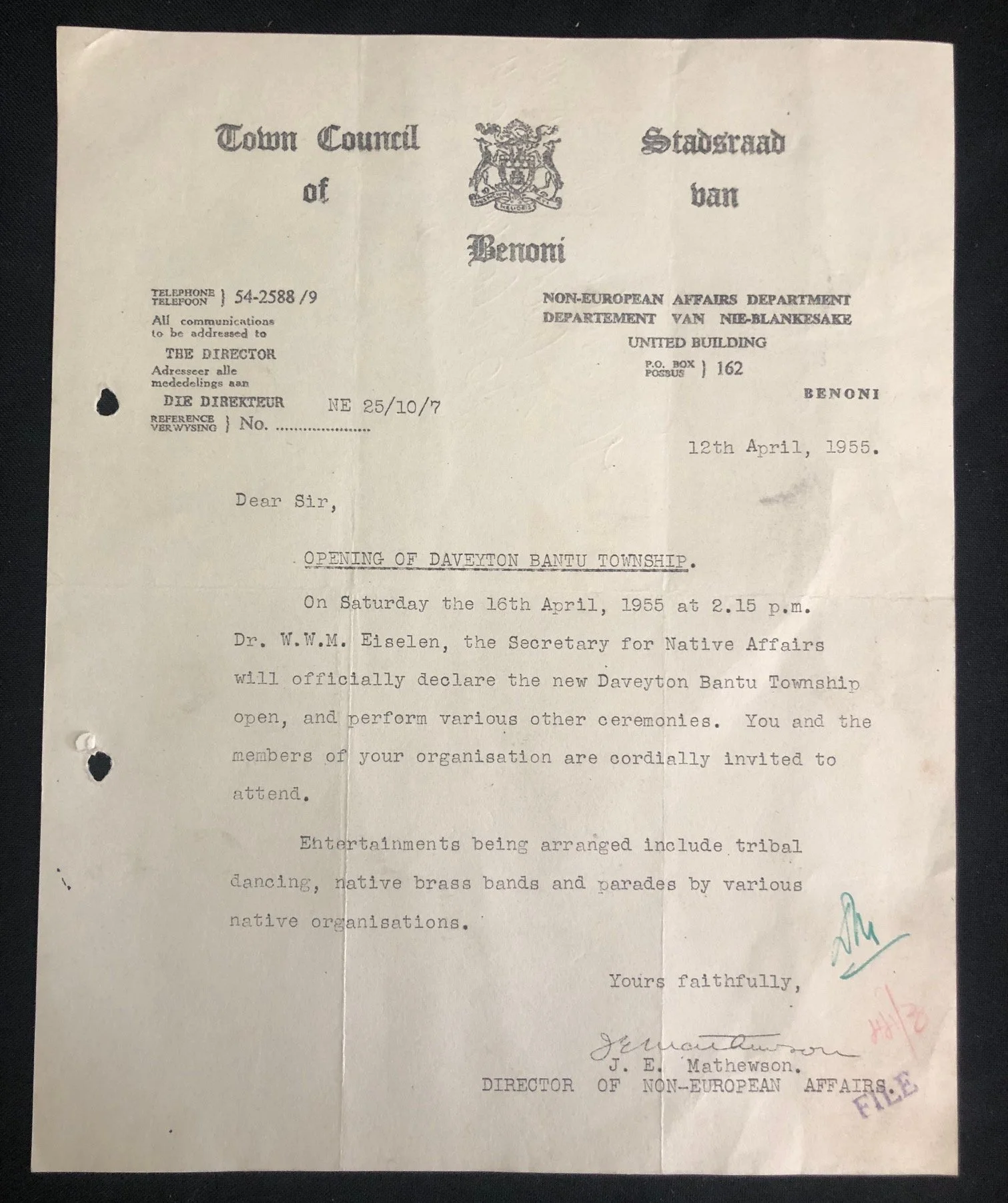Invitation to the official opening of the Daveyton Bantu Township - Apartheid Related (1955)