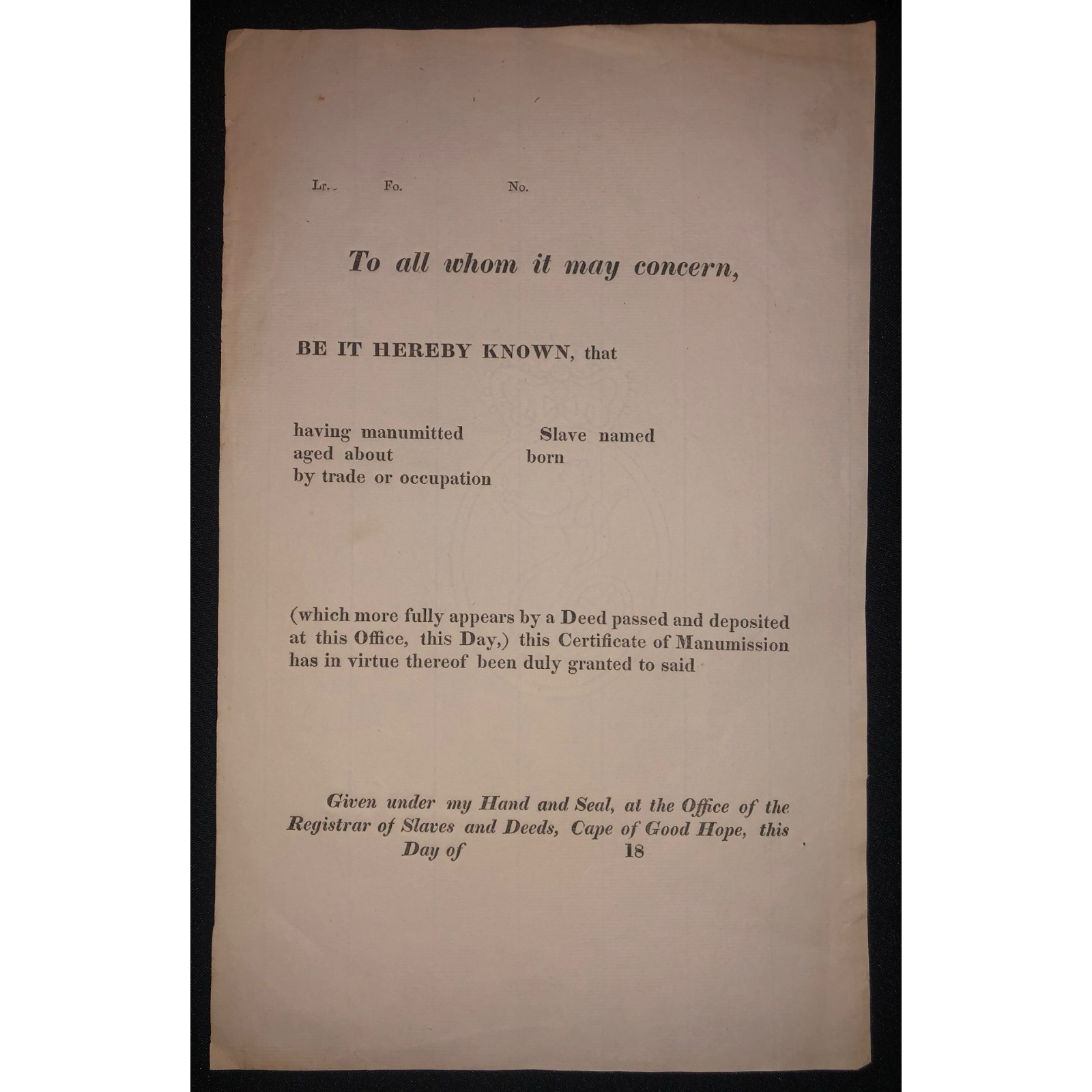 Certificate of Slave Manumission (c.1830) R3,500
