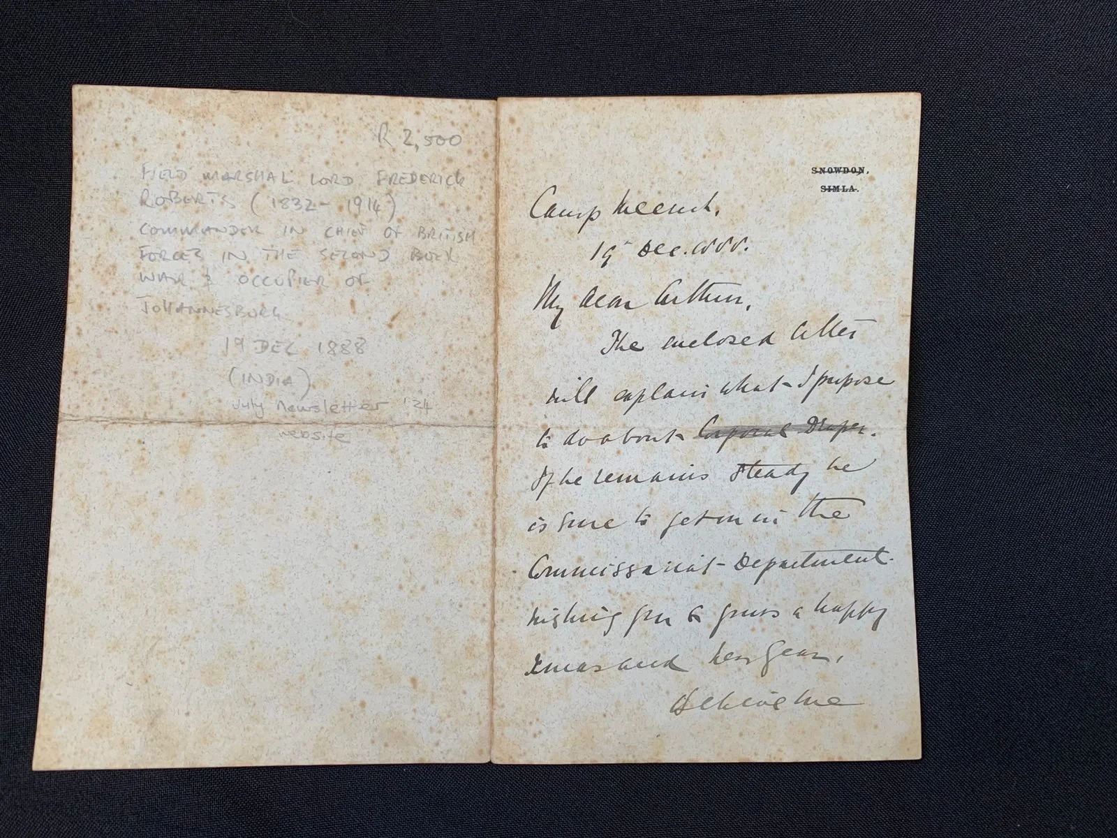 
Signed Field Marshal Roberts letter (1888) 