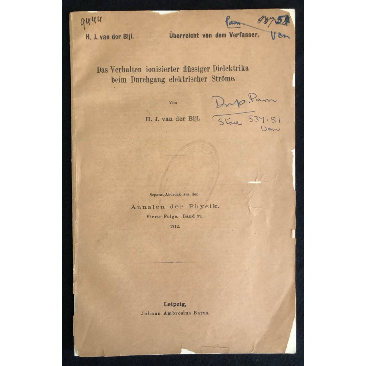 Scientific paper by prominent South African scientist Hendrik van der Bijl (1912) R800